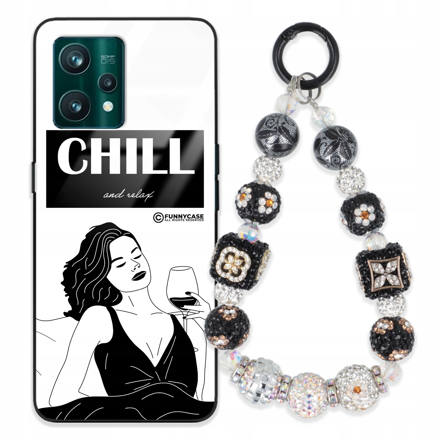 Pouzdro Pro Realme 9 Pro Plus Skleněné Umění Černobílý Přívěšek Na Zirkony S Přívěsek Na Klíče Wz