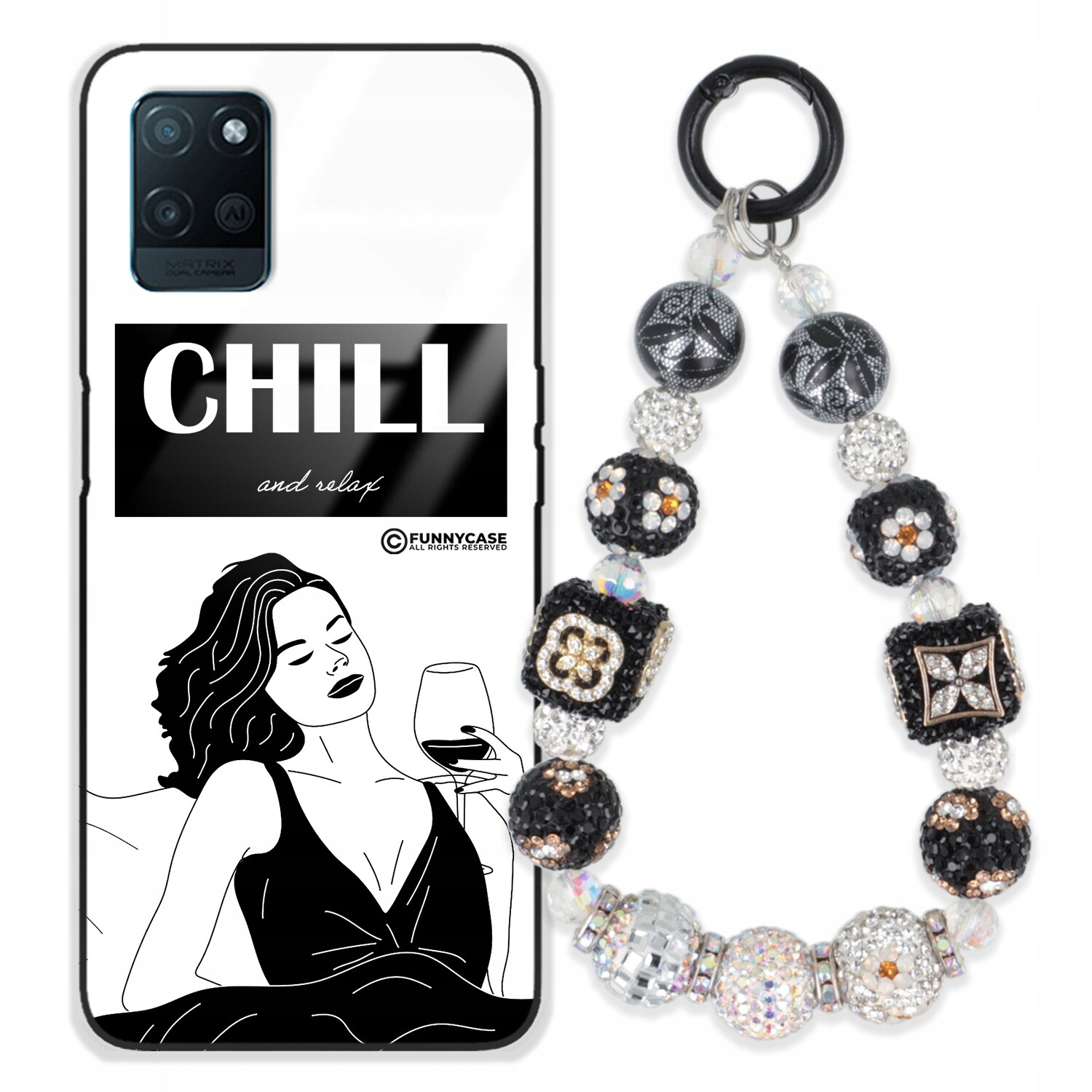 Pouzdro Pro Realme V11 Skleněné, Černobílé Přívěsek Na Klíče Zirkony Wz