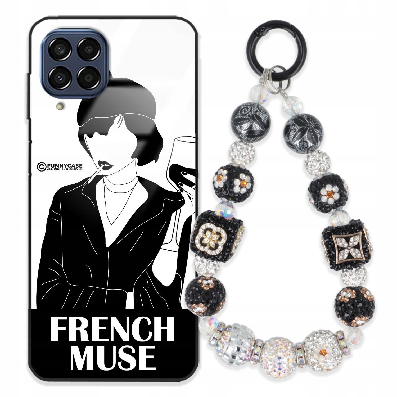 Pouzdro Pro Samsung M53 5G Sklené Dámské Černobílé Přívěsek Na Klíče Zirkony S Kamenínky Wz
