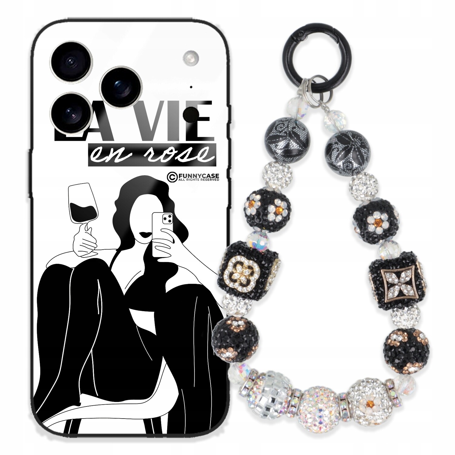 Dámský skleněný kryt na iPhone 17 Pro, černý a bílý, Přívěsek Na Klíče , Zirkony Pouzdro