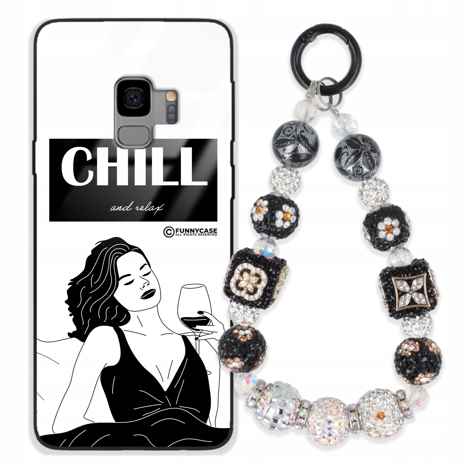 Pouzdro Pro Samsung S9, Skleněné, Černobílé Přívěsek Na Klíče Zirkony Wz