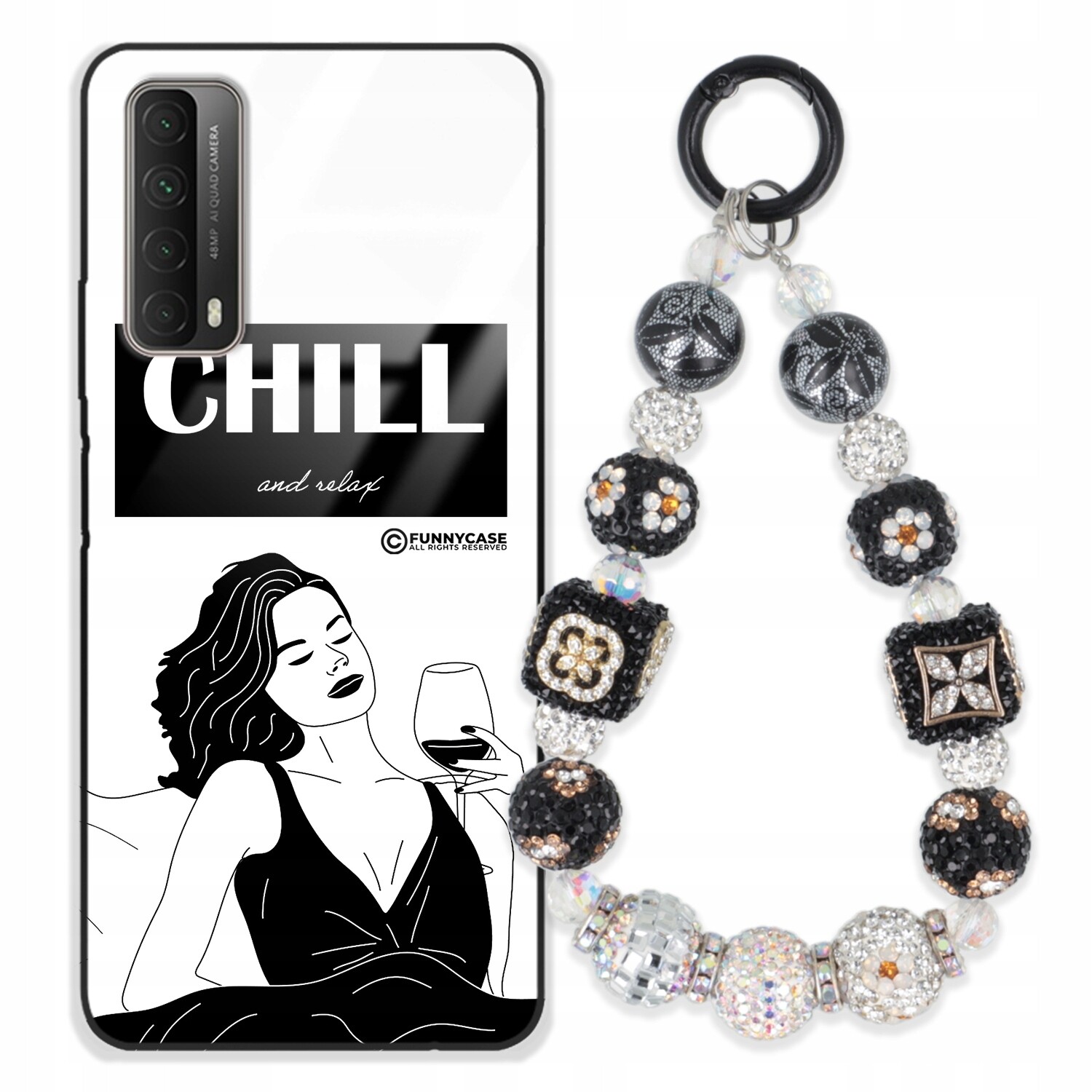Pouzdro Pro Samsung A90 5G Skleněné Dámské Černobílé Přívěsek Na Klíče Zirkony S Kamenínky Wz