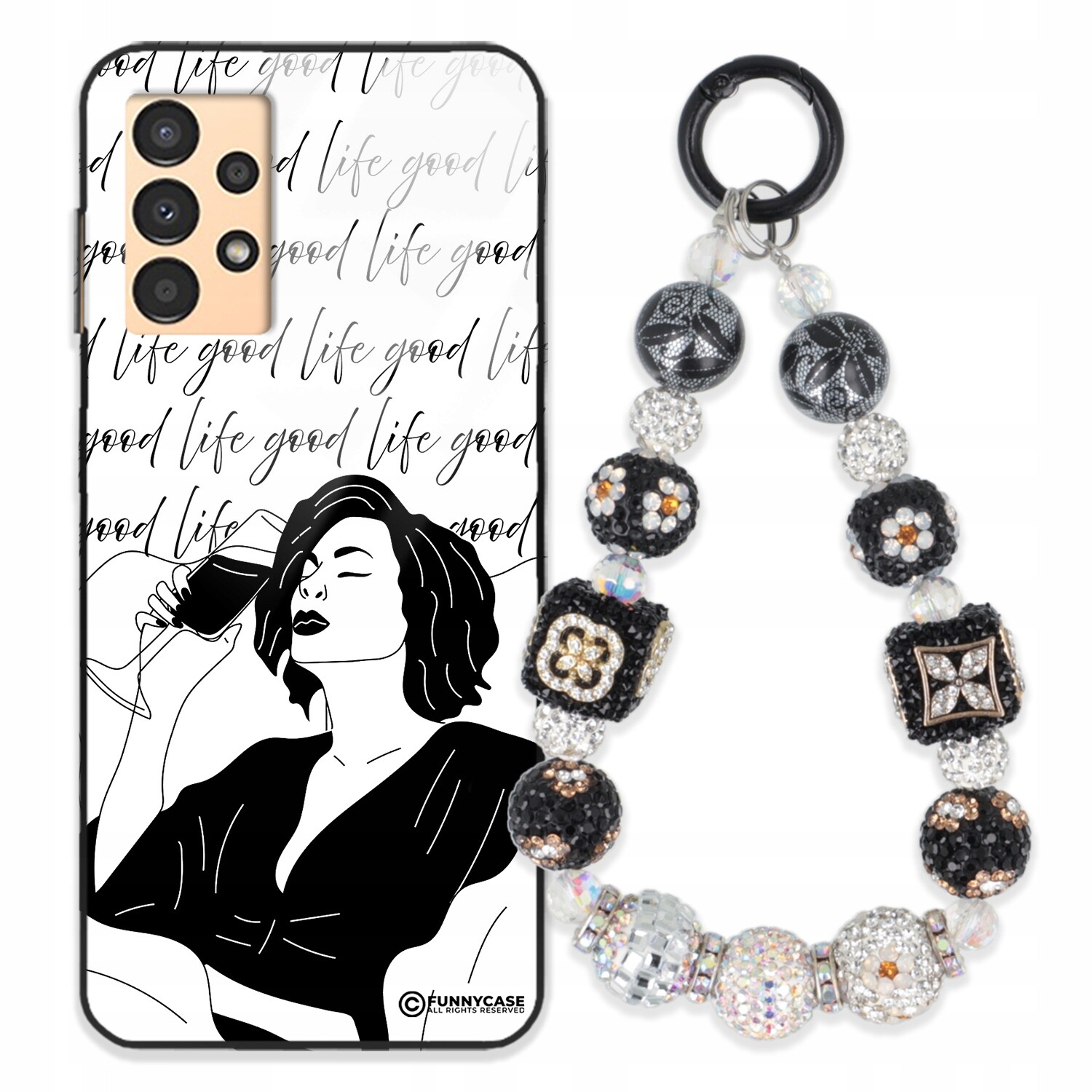 Pouzdro Pro Samsung A13 4G Skleněné Dámské Černobílé Přívěsek Na Klíče Zirkony S Kamenínky Wz