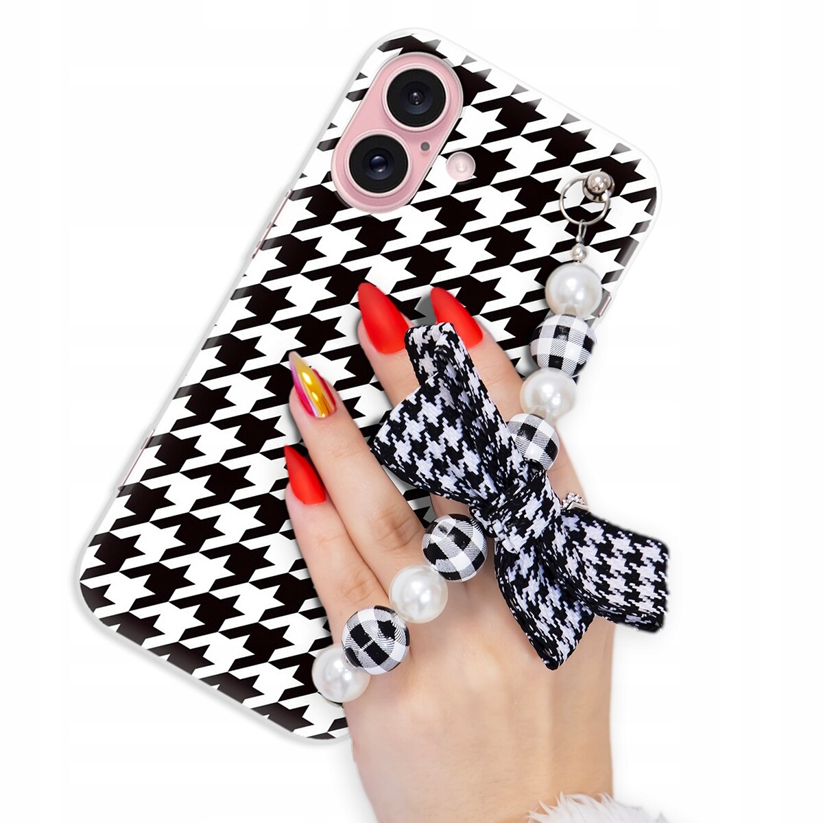 Pouzdro Pro Iphone 16 Držák Blink Bílo Černé Perly S Mašličkou V Pepitce