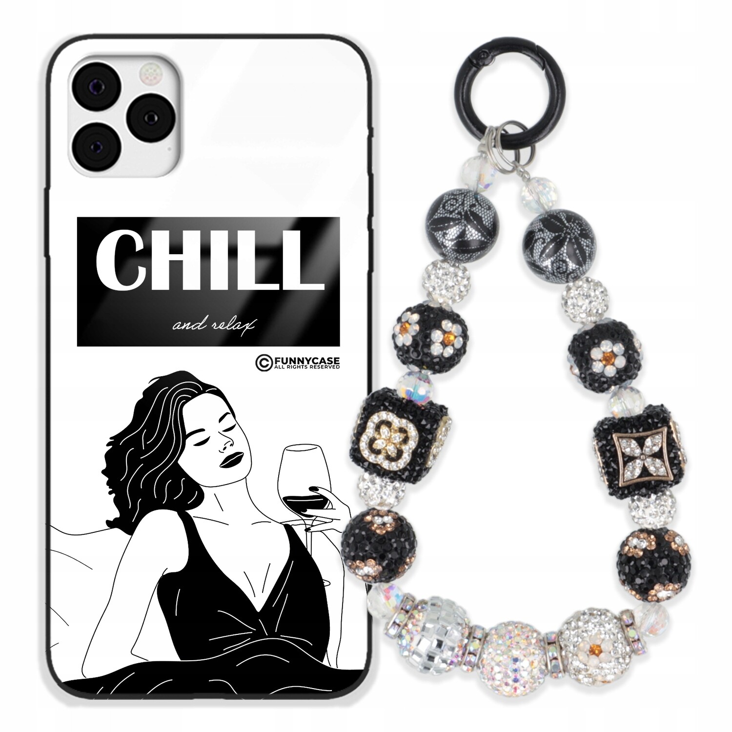 Pouzdro Pro Iphone 11 Pro Max Skleněné Umění Černobílý Přívěšek Na Klíče S Přívěsek Na Klíče Zirkony Wz