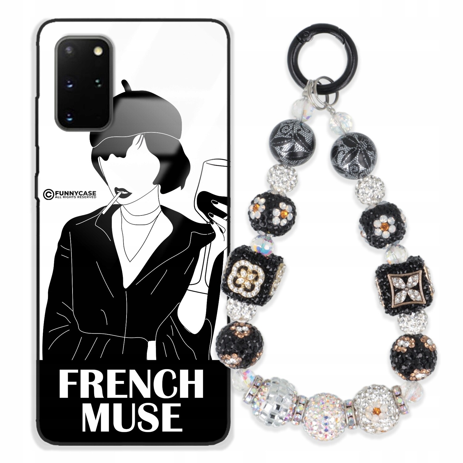 Pouzdro Pro Samsung S20 Plus Skleněné Umění Černobílý Zirkony Na Klíče S Stříbrnými Přívěsek Na Klíče Wz
