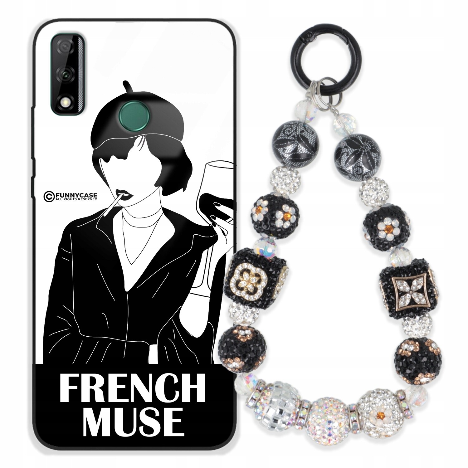 Pouzdro Pro Huawei Y8S Skleněné, Černobílé Přívěsek Na Klíče Zirkony Na Klíče S Kamenínky Wz