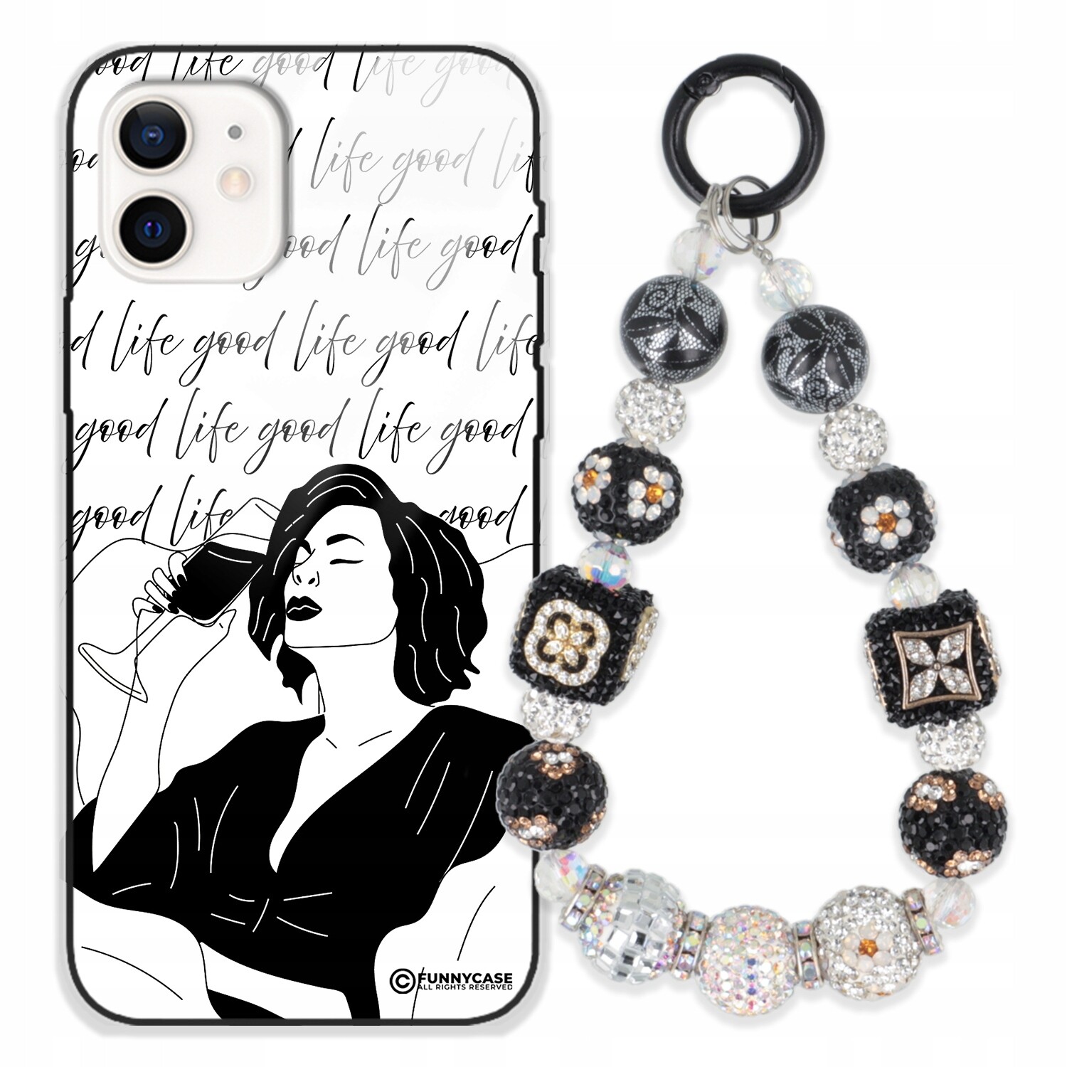 Dámský skleněný Pouzdro na iPhone 12, černobílý Přívěsek Na Klíče Zirkony se vzorem kamínků