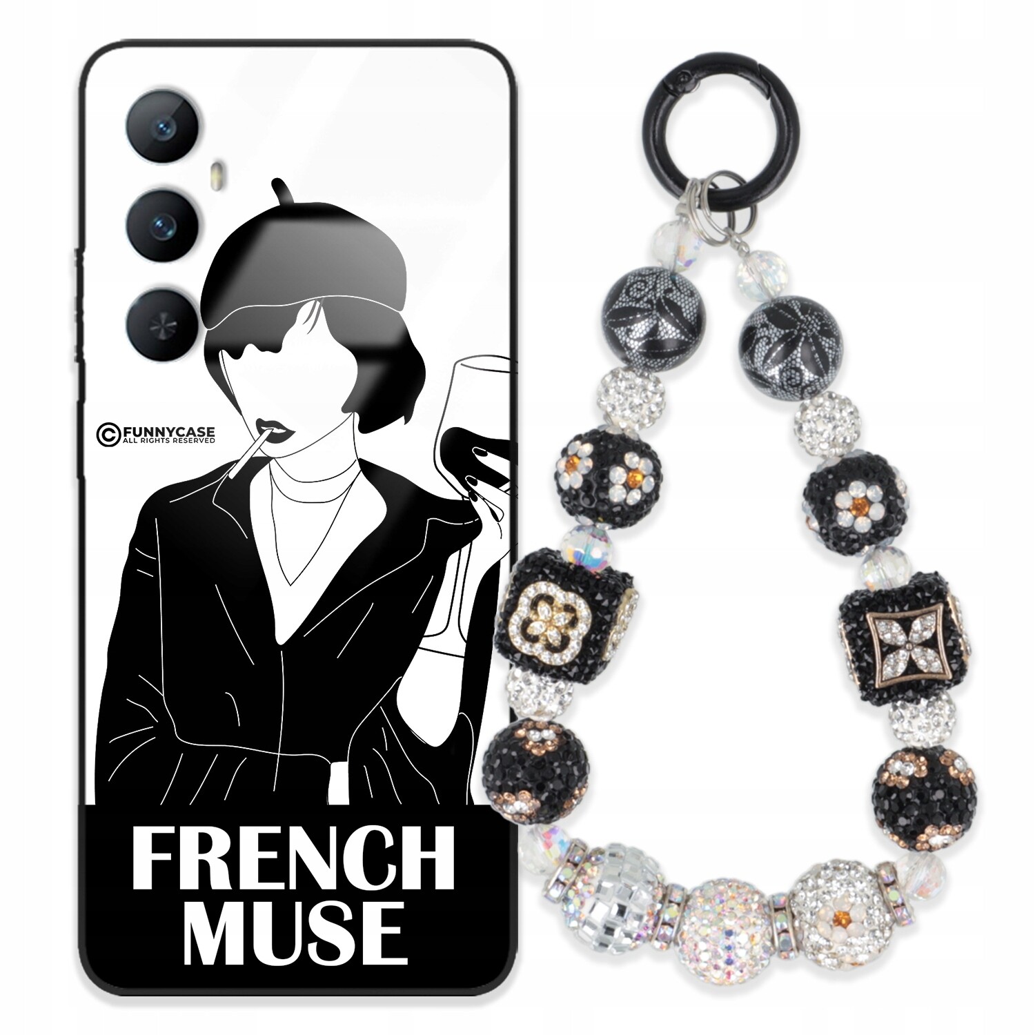 Pouzdro Pro Realme C65 Skleněné, Černobílé Přívěsek Na Klíče Zirkony Wz