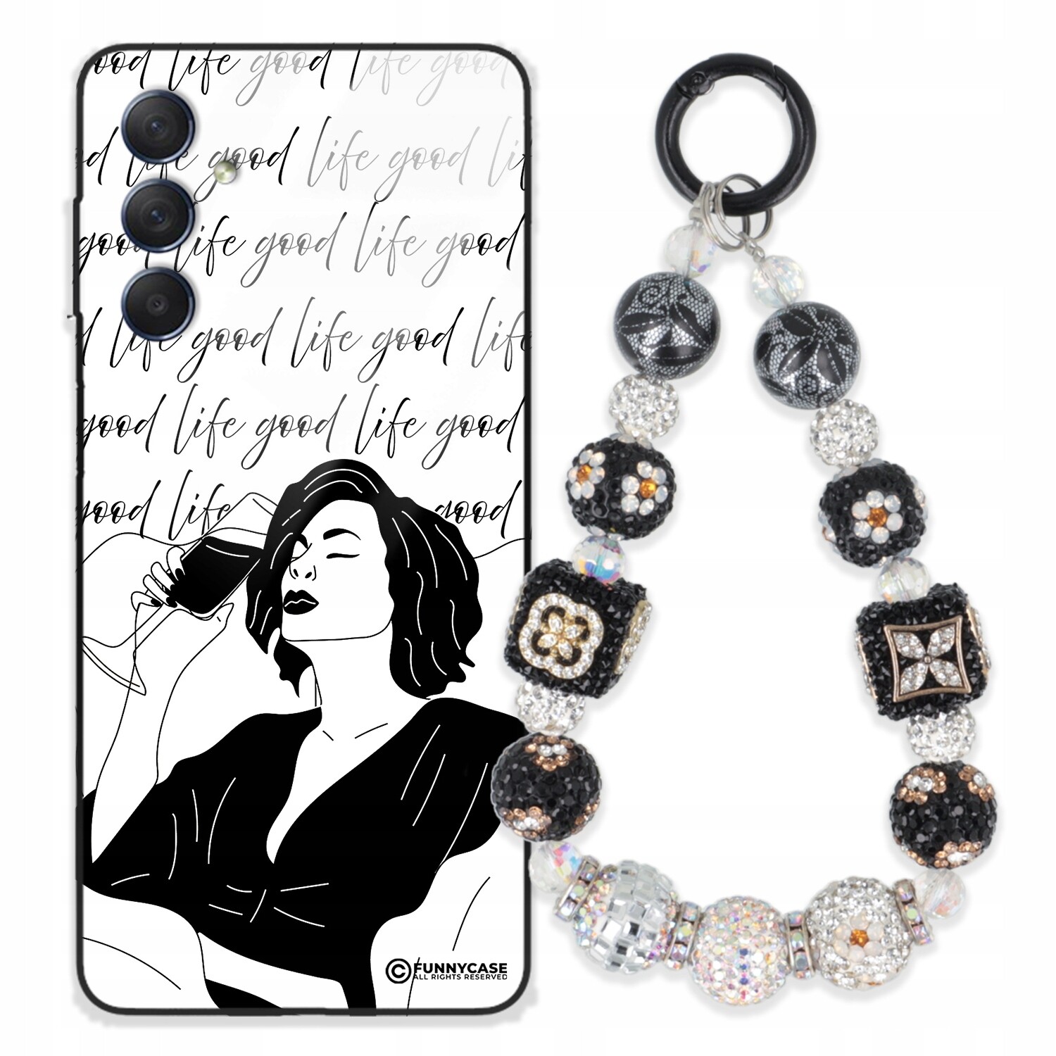 Pouzdro Pro Samsung M54 5G Sklené Dámské Černobílé Přívěsek Na Klíče Zirkony S Kamenínky Wz