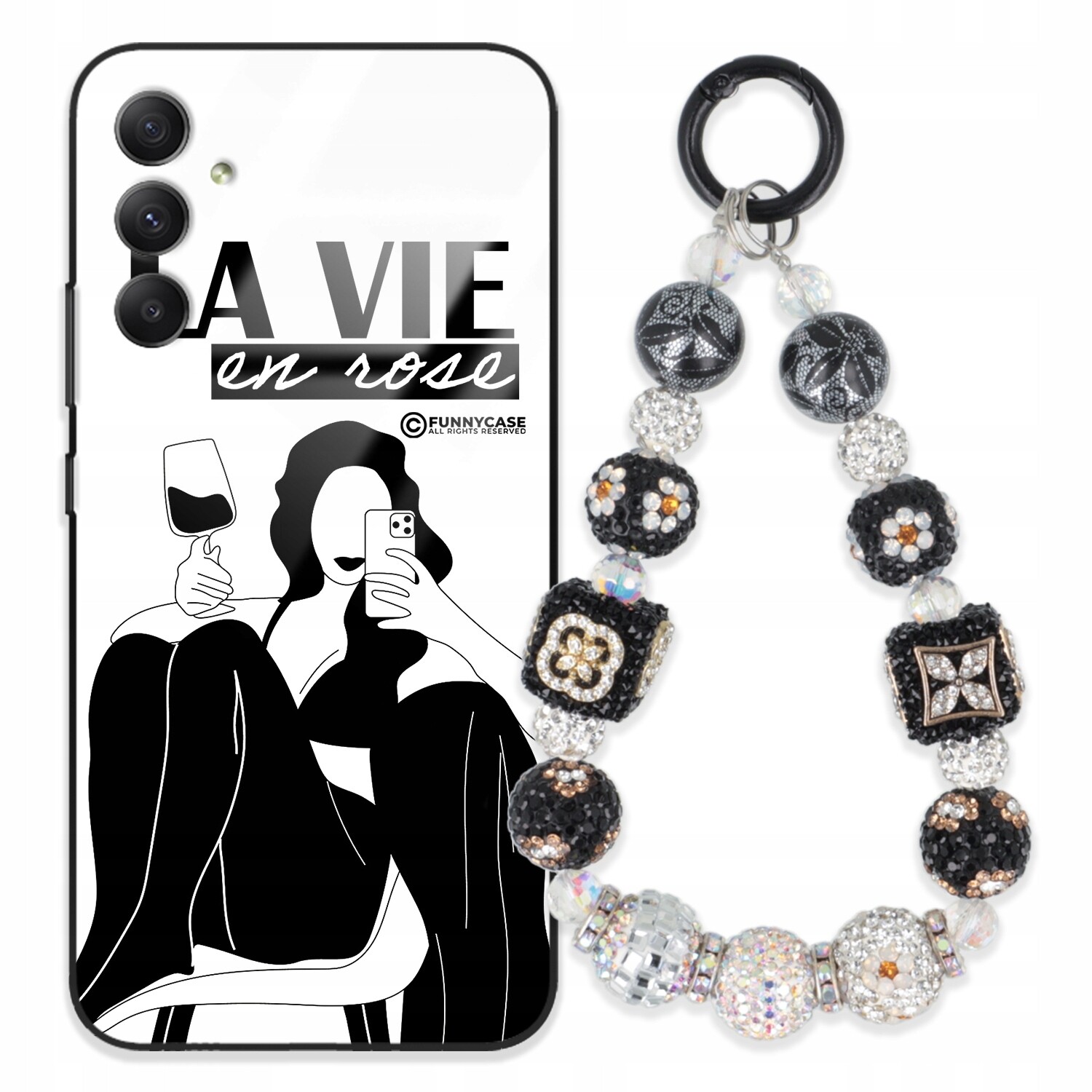 Pouzdro Pro Samsung A34 5G Sklené Dámské Černobílé Přívěsek Na Klíče Zirkony S Kamenínky Wz