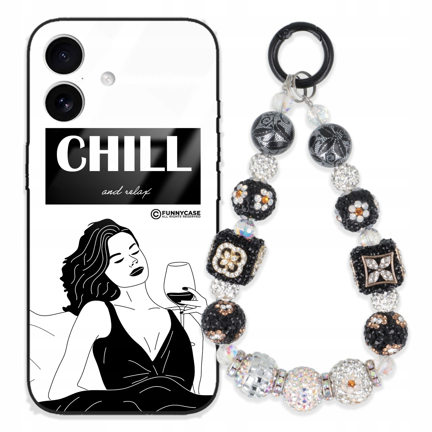 Dámský skleněný Pouzdro na iPhone 17, černobílý Přívěsek Na Klíče Zirkony se vzorem kamínků