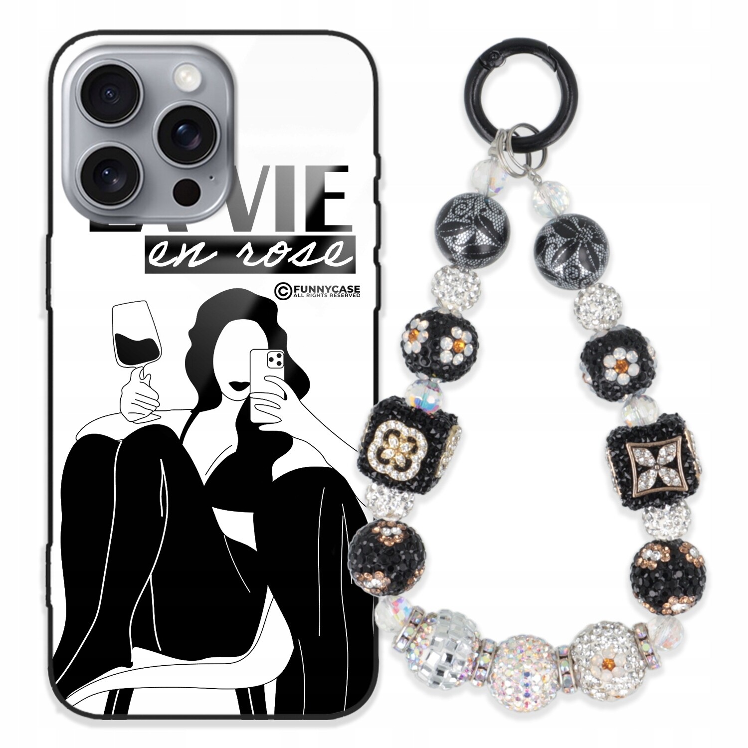 Pouzdro Pro Iphone 16 Pro Max Skleněné Umění Černobílý Přívěšek Na Klíče S Přívěsek Na Klíče Zirkony Wz