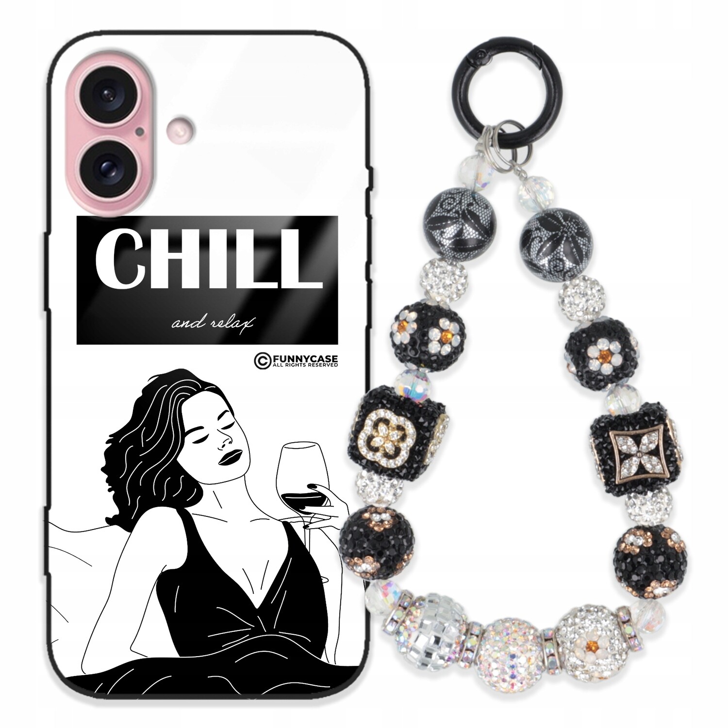 Dámský skleněný Pouzdro na iPhone 16, černobílý Přívěsek Na Klíče Zirkony klíče se vzorem kamínků