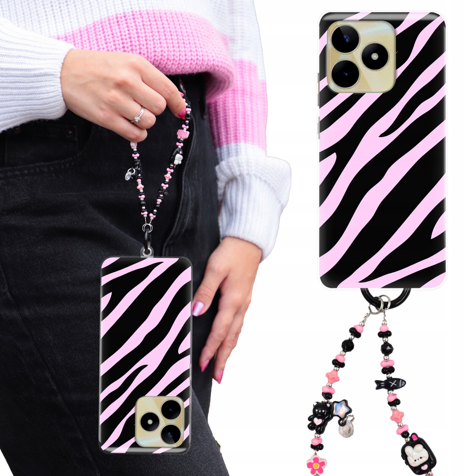 Pouzdro Pro Realme C53 Kryt Clear |tpu| Přívěsek Na Klíče Kočička Růžovo-černé Vzory