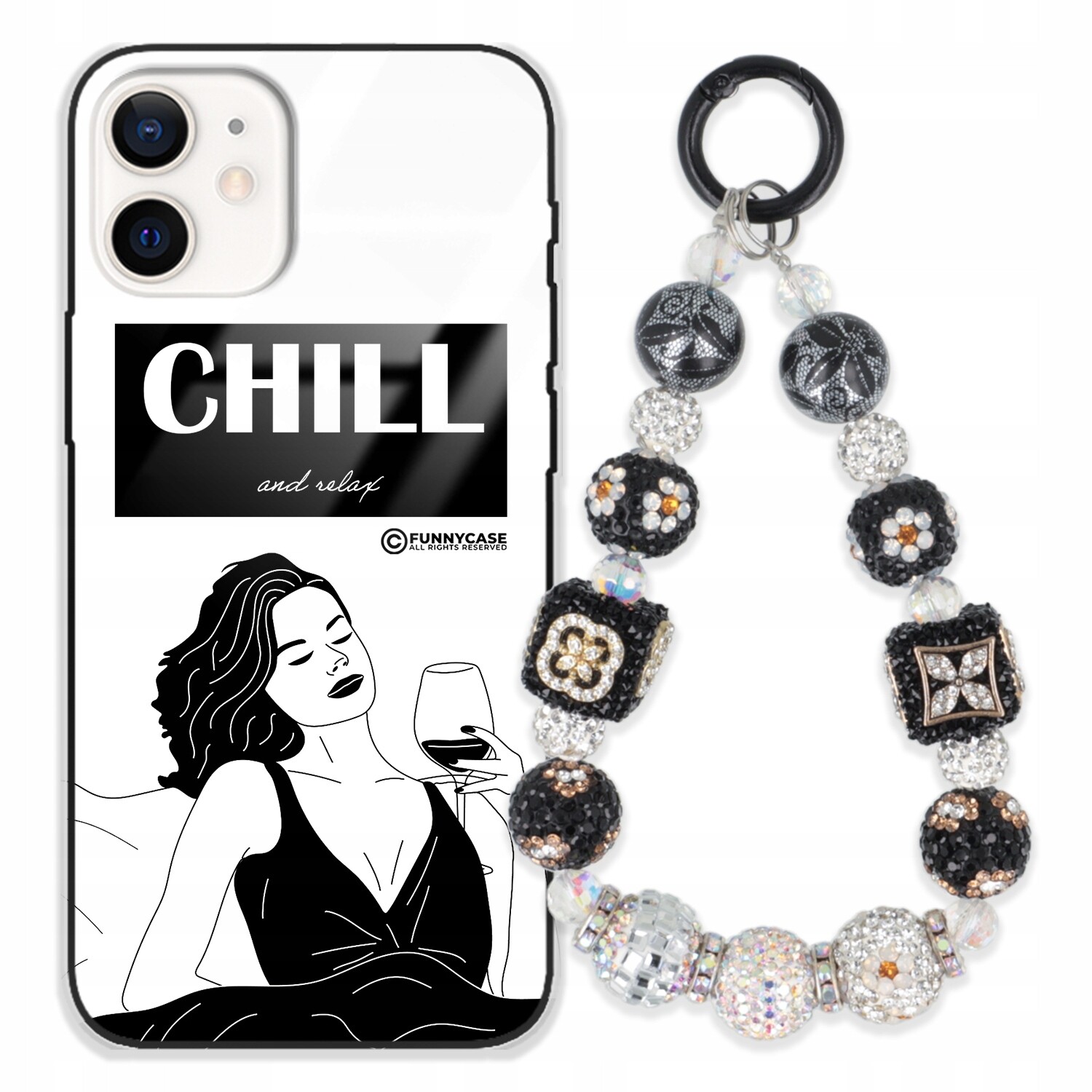 Pouzdro Pro Iphone 12 Mini Skleněné Dámské Černobílé Přívěsek Na Klíče Zirkony S Kamenínky Wz