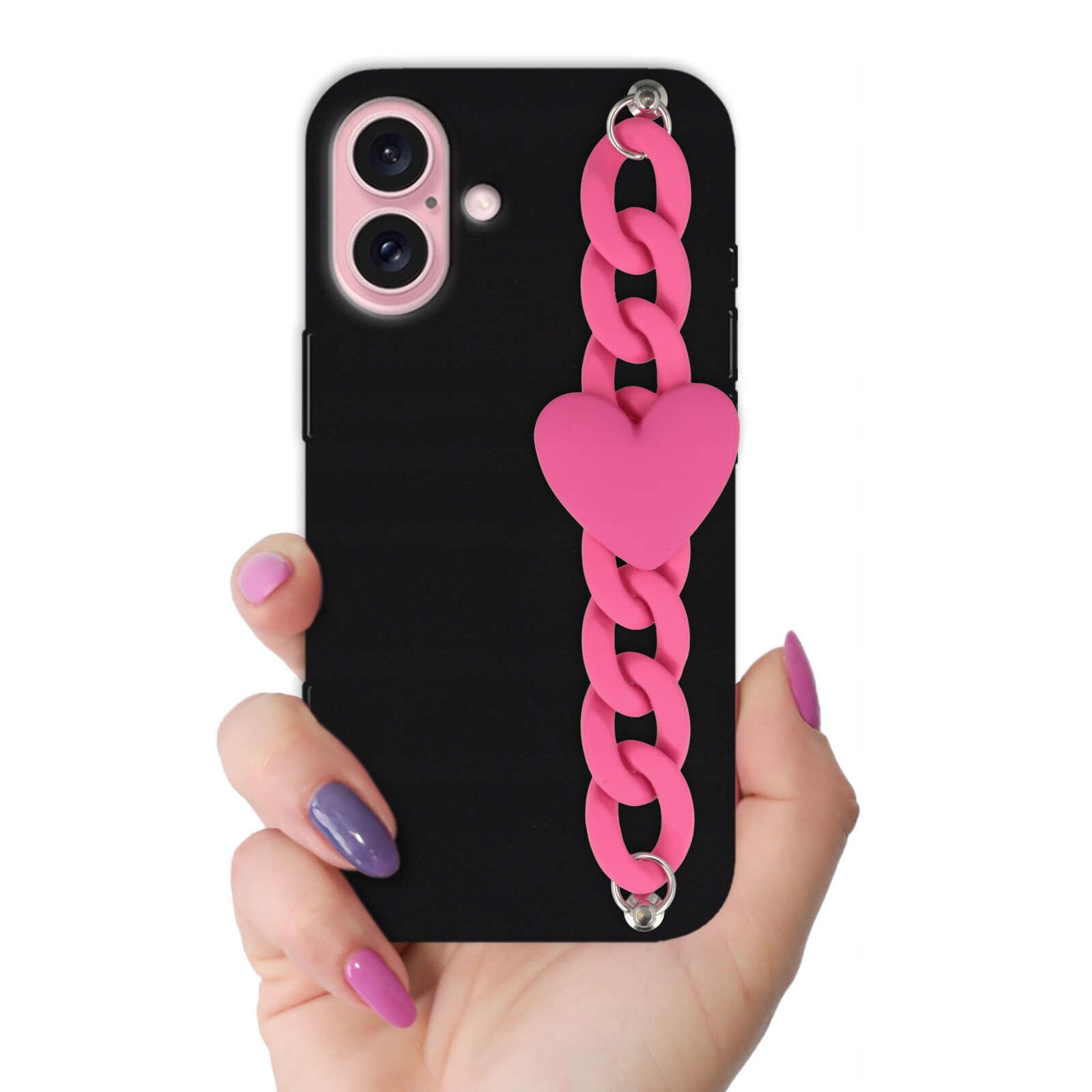 Pouzdro pro Iphone 16 Matné Černé Malinový Řetízek Srdce Držák Ochranné