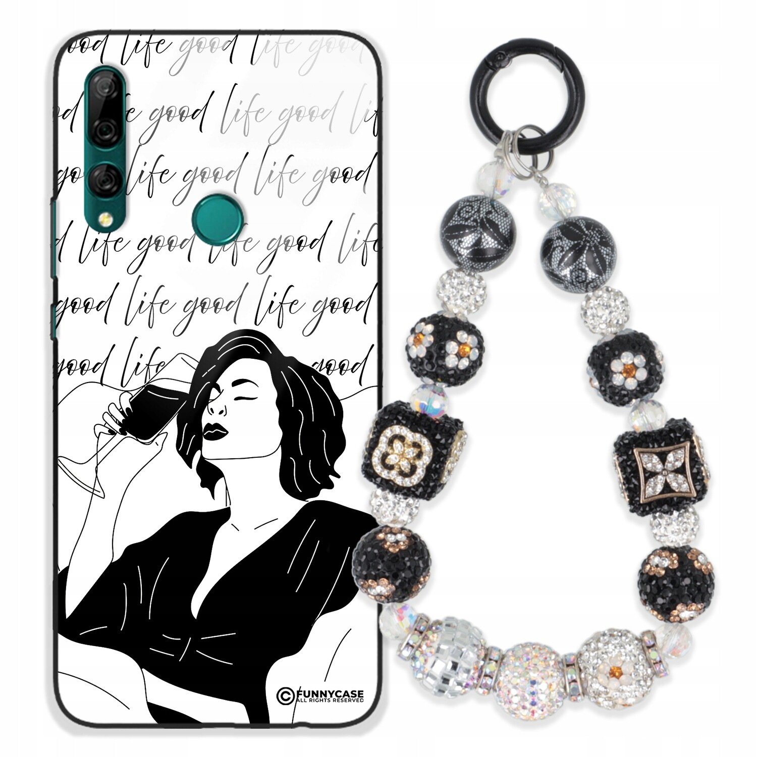 Pouzdro Pro Huawei Y9 Prime 2019 Skleněné Černobílé Přívěsek Na Klíče Zirkony Wz