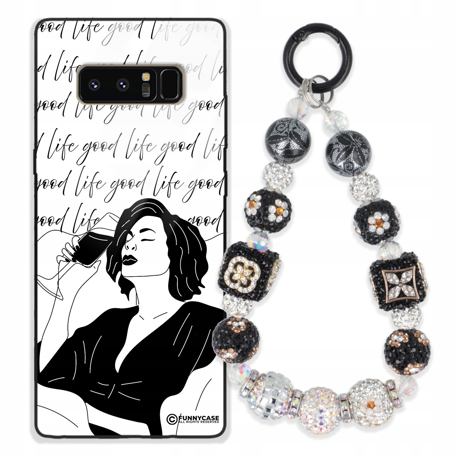 Pouzdro Pro Samsung Note 8 Skleněné Dámské Černobílé Přívěsek Na Klíče Klíčenky Zirkony Wz