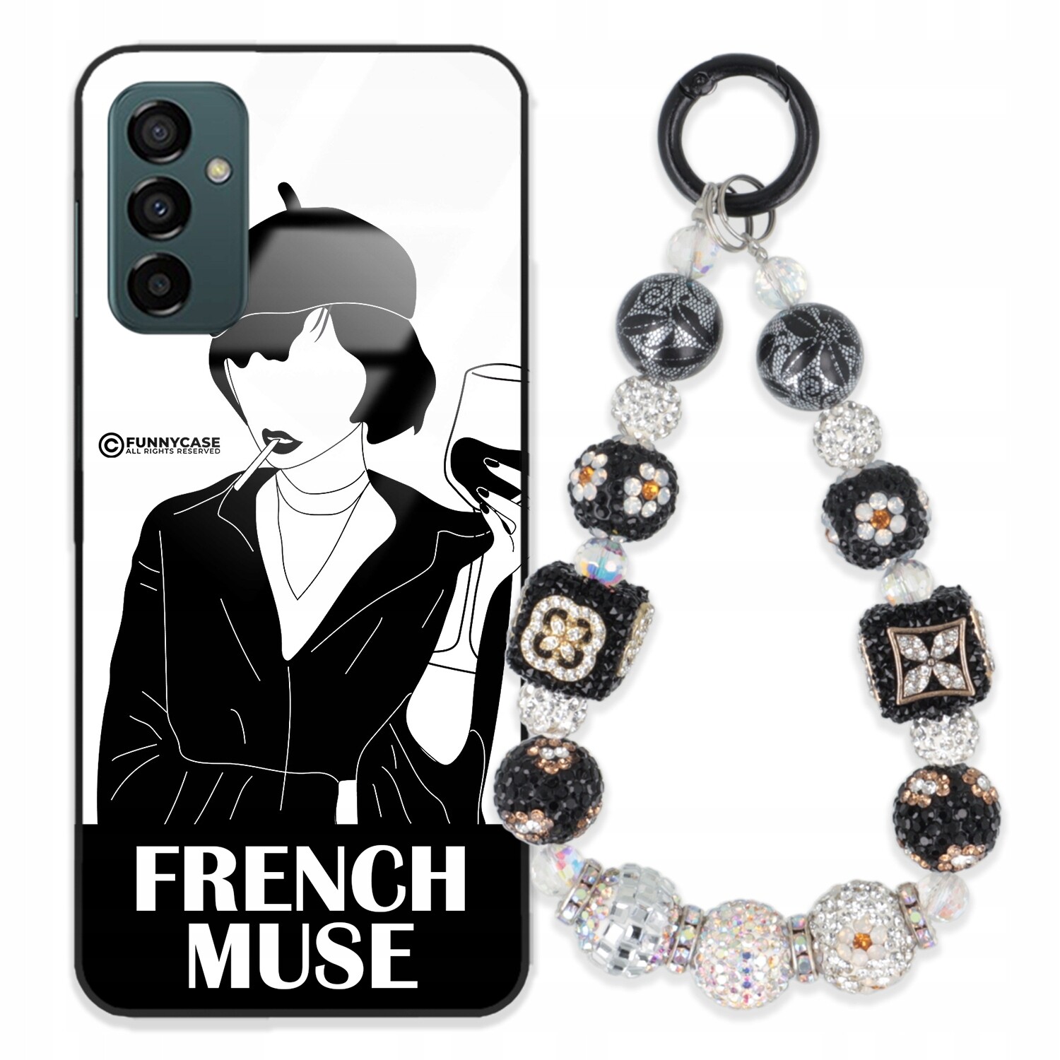 Pouzdro Pro Samsung M23 5G Sklené Dámské Černobílé Přívěsek Na Klíče Zirkony S Kamenínky Wz