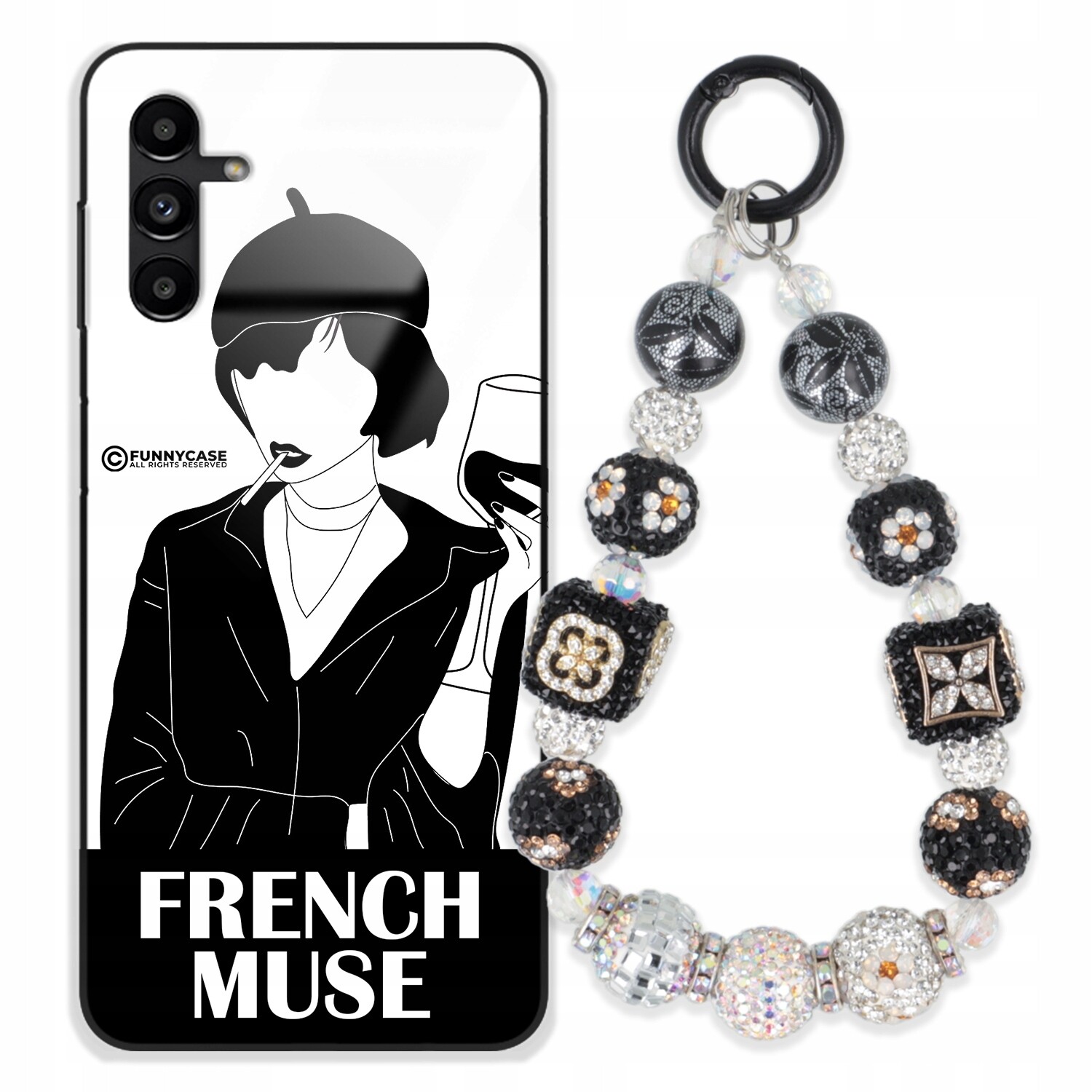 Pouzdro Pro Samsung A04S Skleněné, Černobílé, Stříbrné, Zirkony Přívěsek Na Klíče , Wz