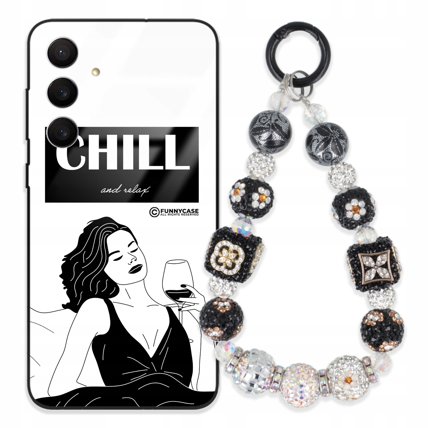 Pouzdro Pro Samsung S25 Fe Skleněné, Černobílé, Stříbrné, Zirkony Přívěsek Na Klíče , Wz