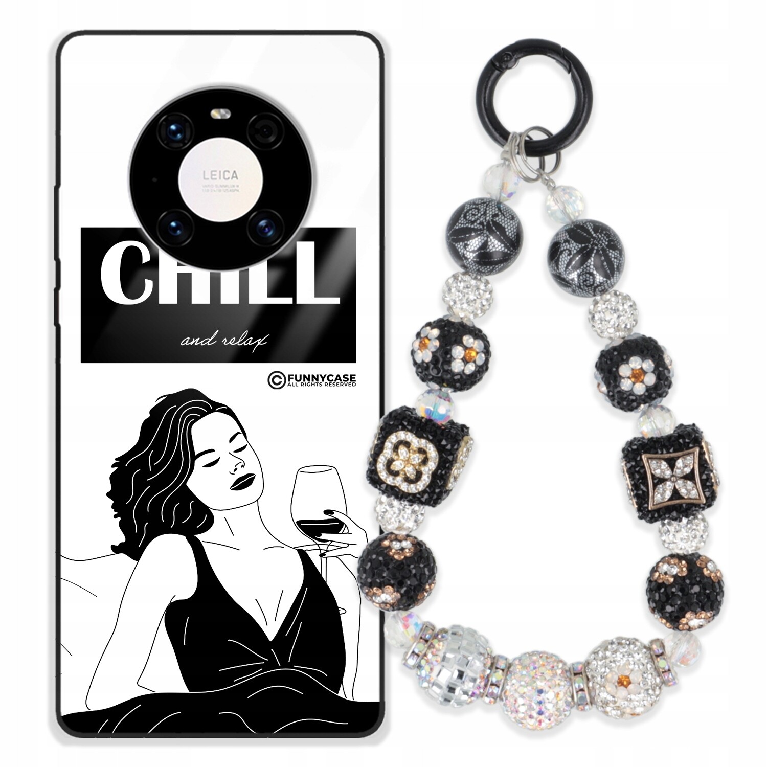 Pouzdro Pro Huawei Mate 40 Skleněné Umění Černobílý Přívěšek Na Klíče S Přívěsek Na Klíče Zirkony Wz