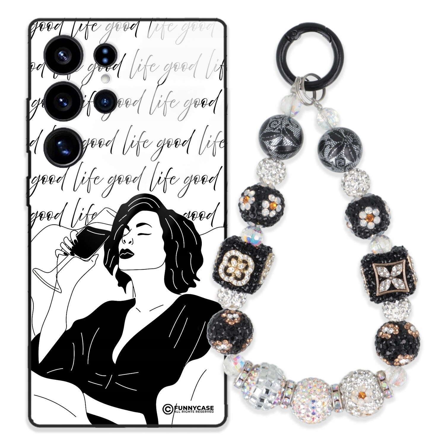 Pouzdro Pro Samsung S25 Ultra Glass Art Černobílý Zirkony Na Klíče S Přívěsek Na Klíče Wz
