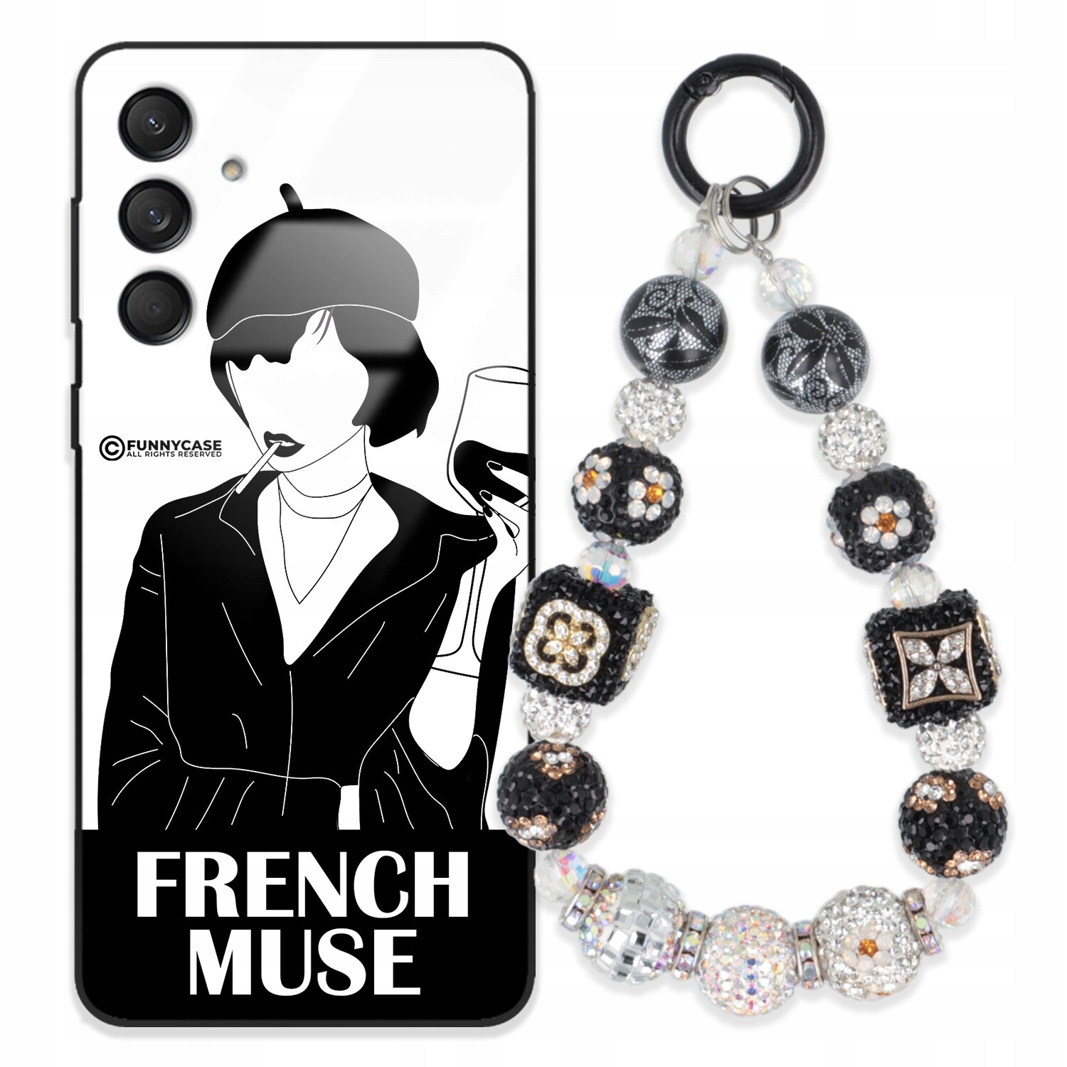 Pouzdro Pro Samsung M55 5G Sklené Dámské Černobílé Přívěsek Na Klíče Zirkony S Kamenínky Wz