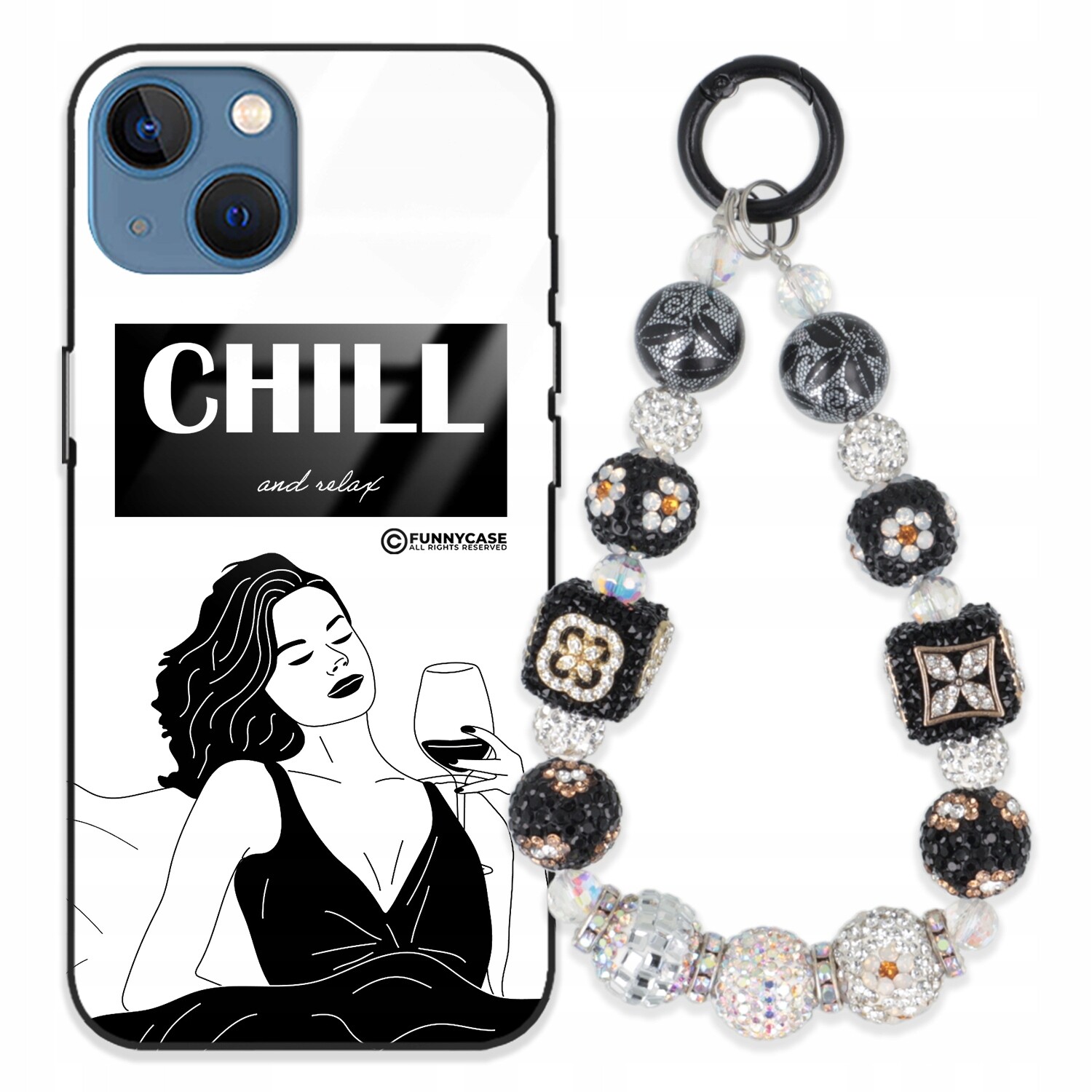Dámský skleněný Pouzdro na iPhone 15, černobílý Přívěsek Na Klíče Zirkony se vzorem kamínků