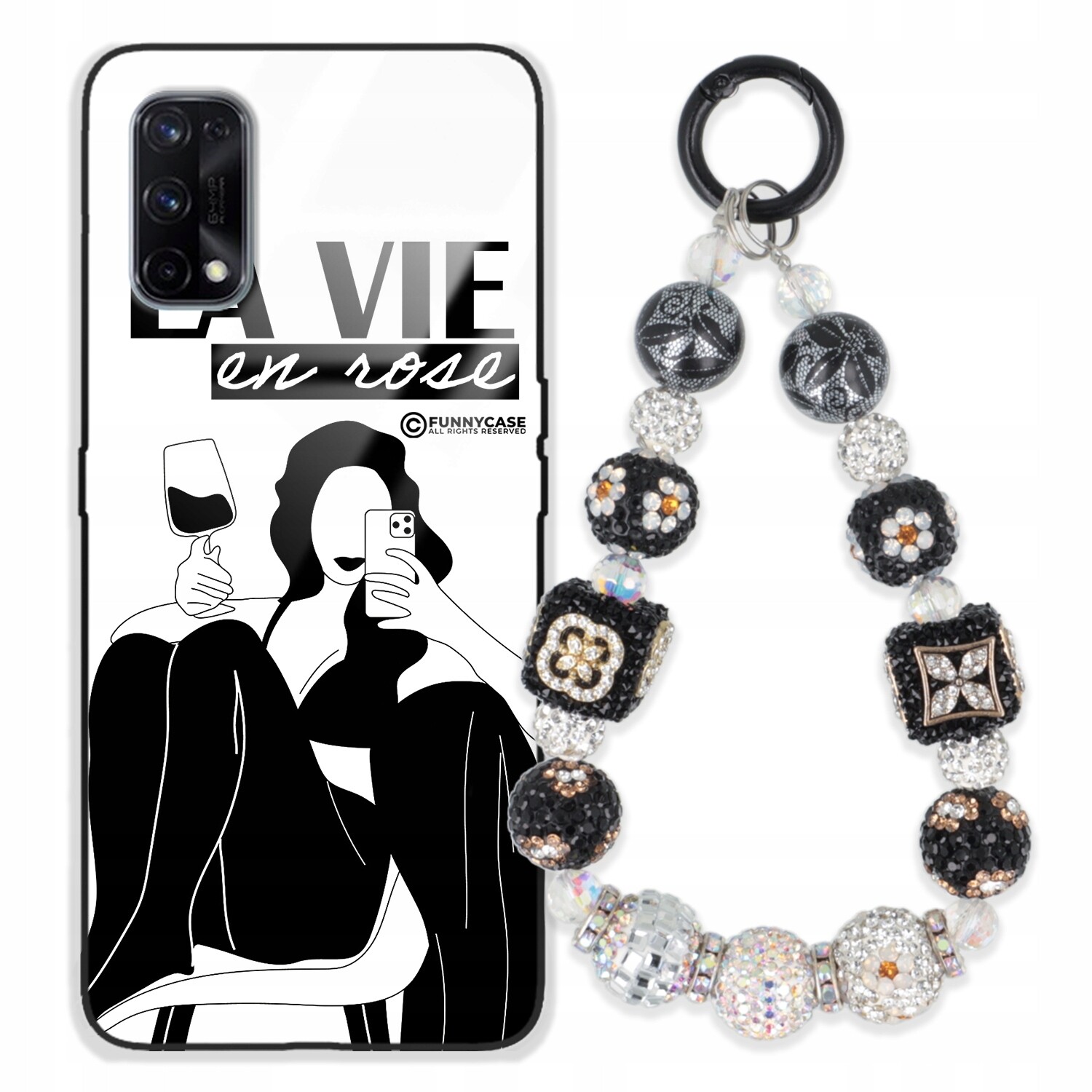 Pouzdro Pro Realme X7 Skleněné, Černobílé Přívěsek Na Klíče Zirkony Klíče S Vzorem Kamínků