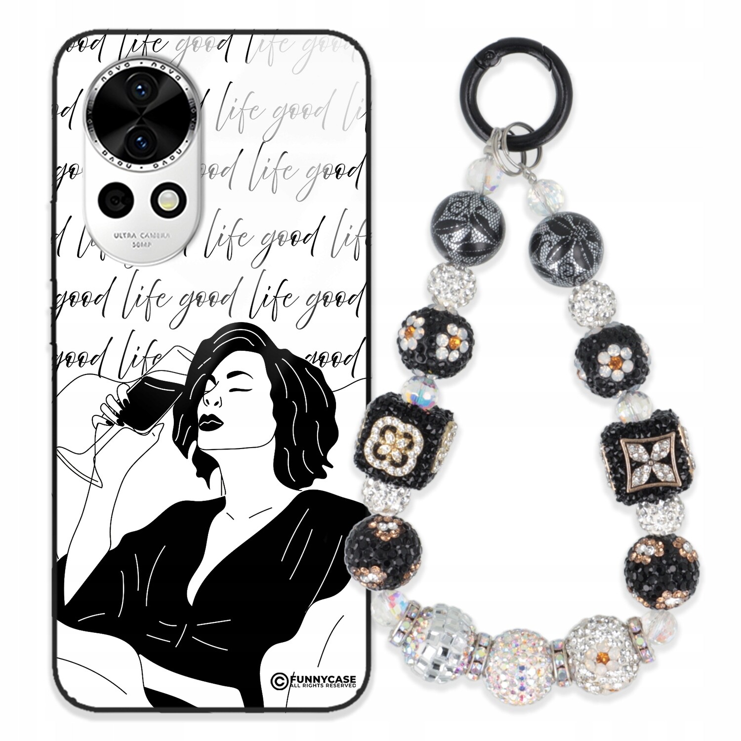 Pouzdro Pro Huawei Nova 12 Skleněné Dámské Černobílé Přívěsek Na Klíče Klíčenky Zirkony Wz