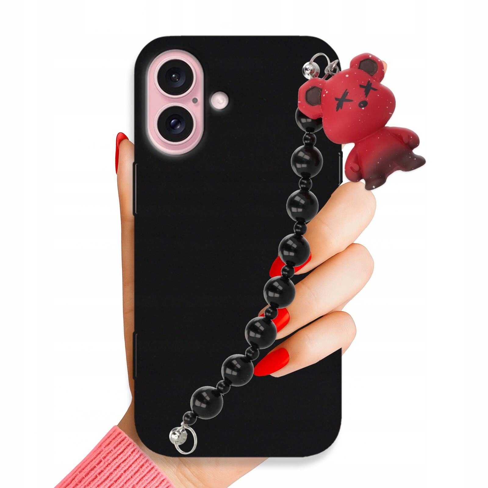Pouzdro Pro Iphone 16 Blink Černý Mat Řetízek A Červená Medvídková Ozdoba