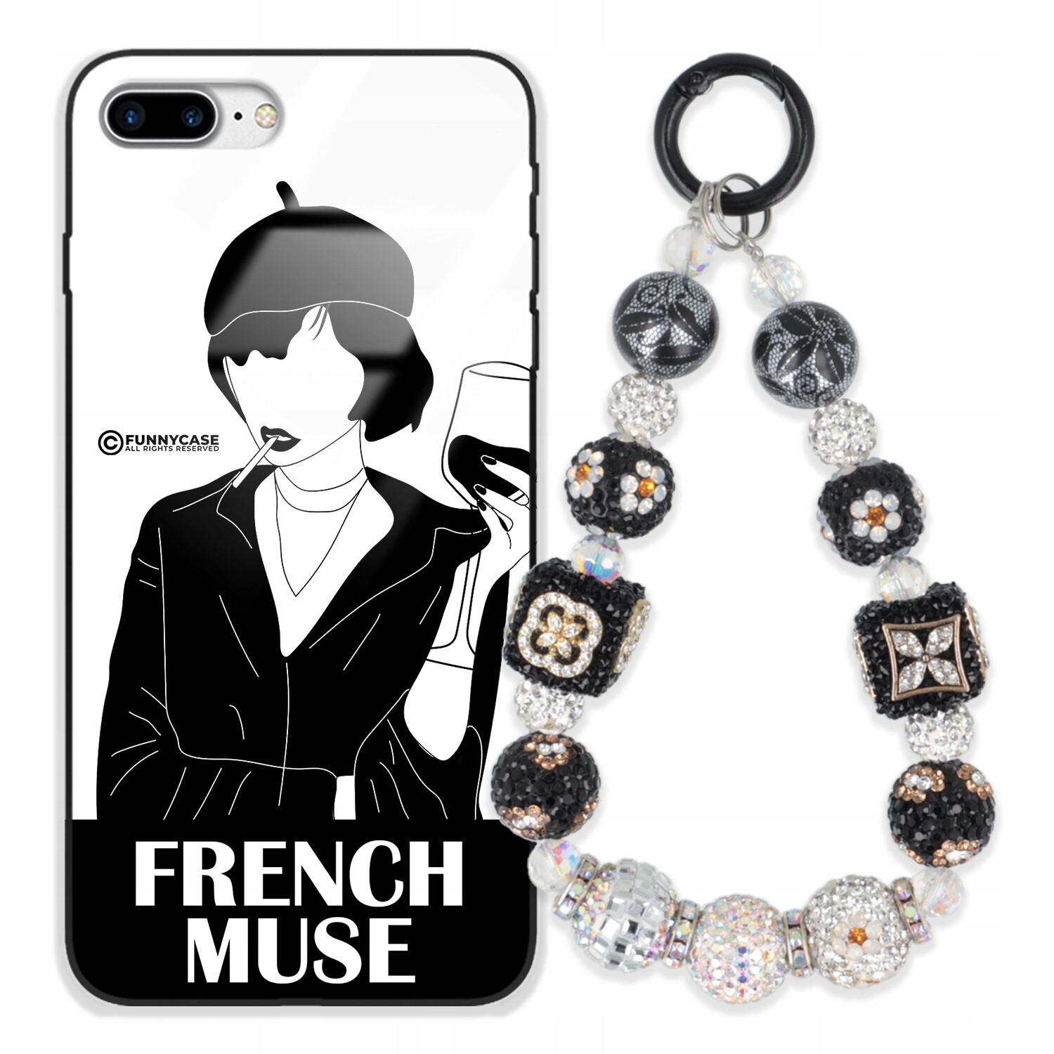 Dámský skleněný Pouzdro na iPhone 7 Plus, černý a bílý, Přívěsek Na Klíče Zirkony modrá