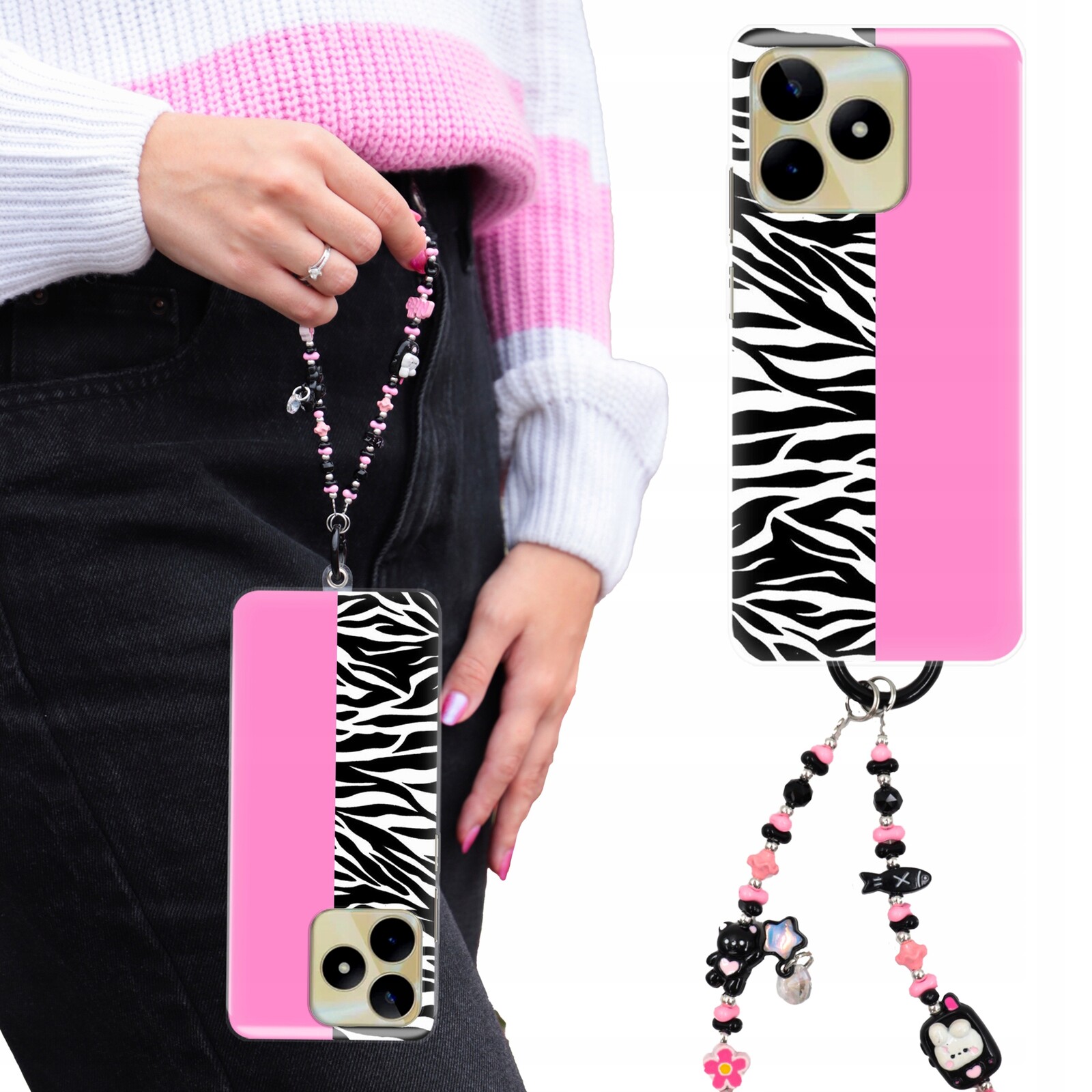 Pouzdro Pro Realme Note 50 Case Clear Tpu| Přívěsek Na Klíče Kočička Růžovo-černé Vzory