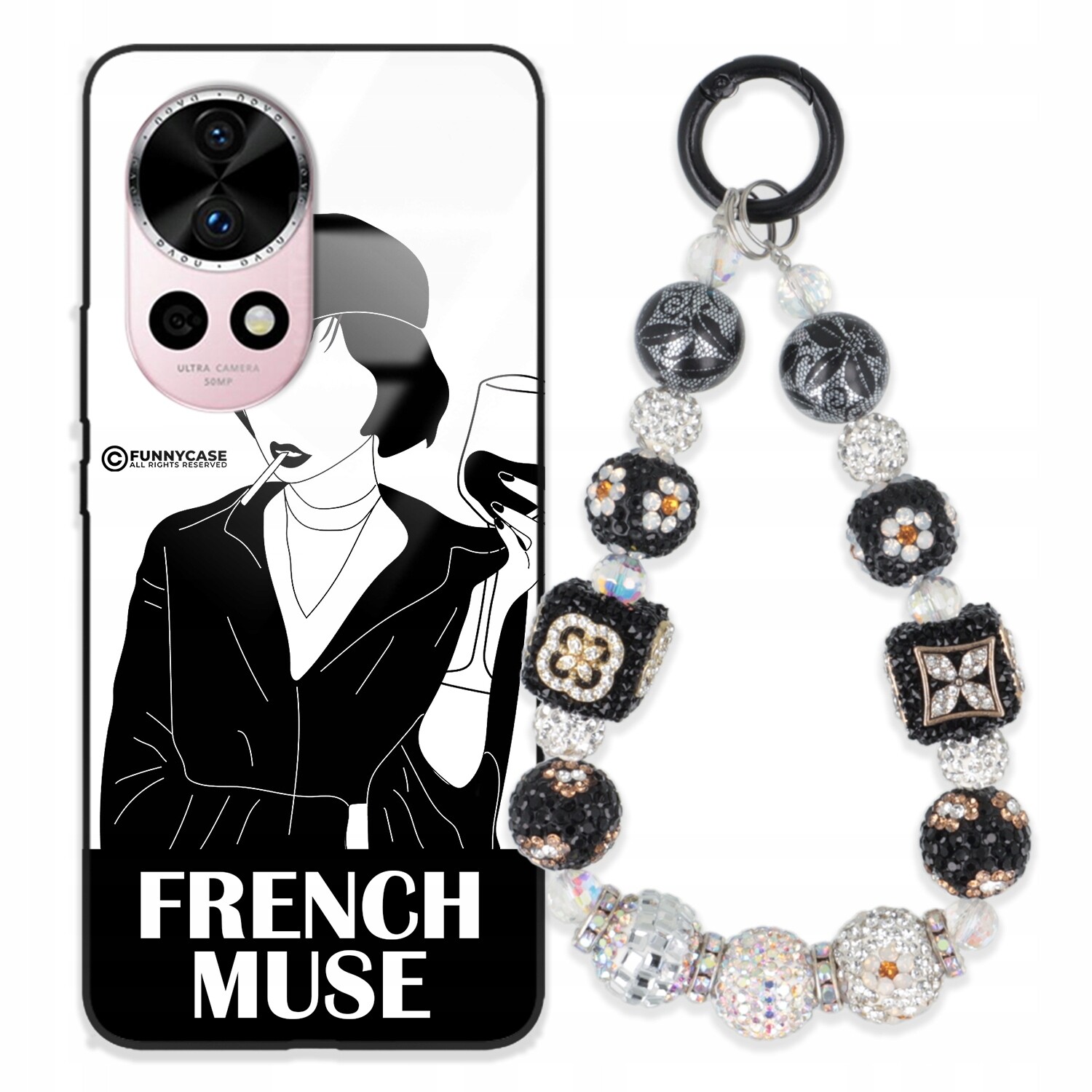 Pouzdro Pro Huawei Nova 12 Pro Skleněné Černobílé S Přívěškem Na Přívěsek Na Klíče Vzorem S Zirkony