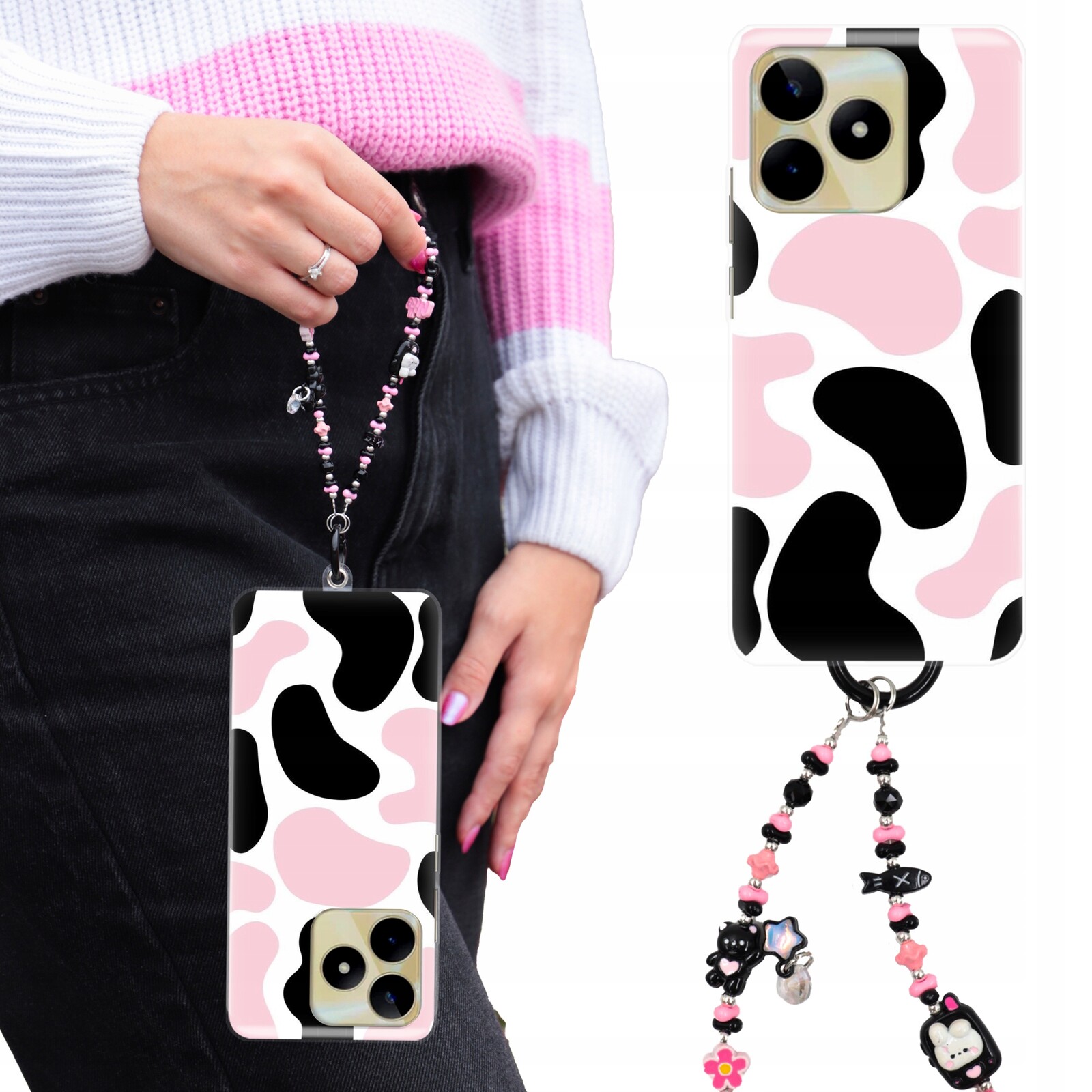 Pouzdro Pro Realme C51 Kryt Clear |tpu| Přívěsek Na Klíče Kočička Růžovo-černé Vzory