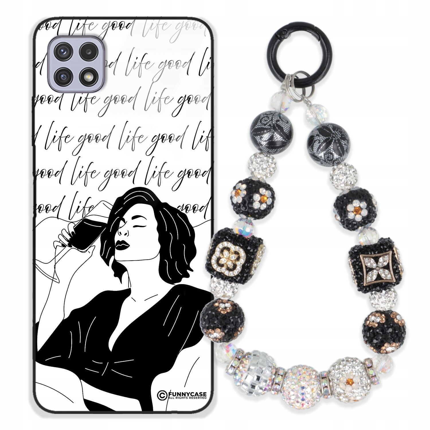 Pouzdro Pro Samsung A22 5G Skleněné, Dámské, Černobílé, Přívěsek Na Klíče Zirkony , Wz