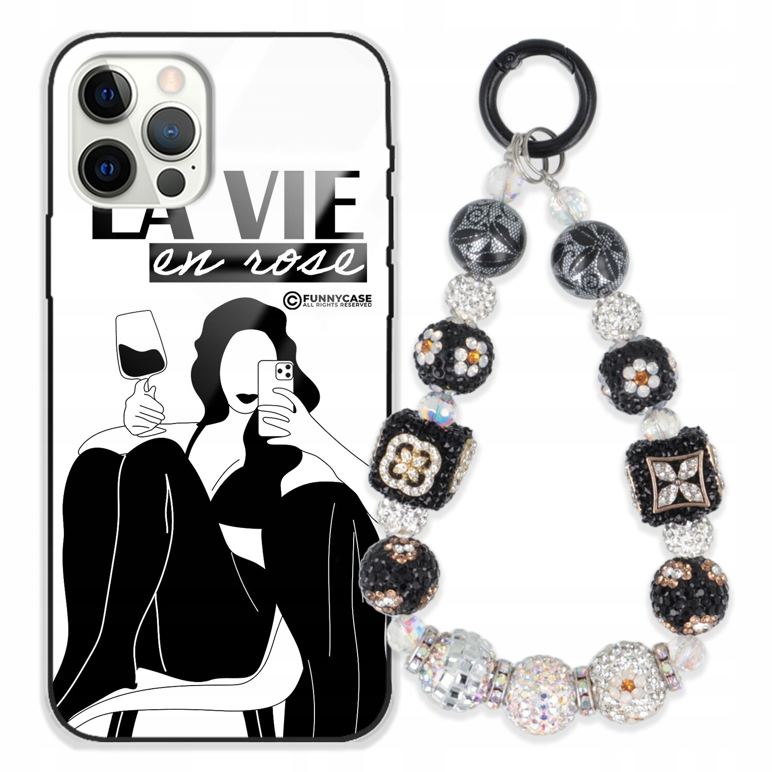 Dámský skleněný kryt na iPhone 12 Pro, černý a bílý, Přívěsek Na Klíče Zirkony Pouzdro