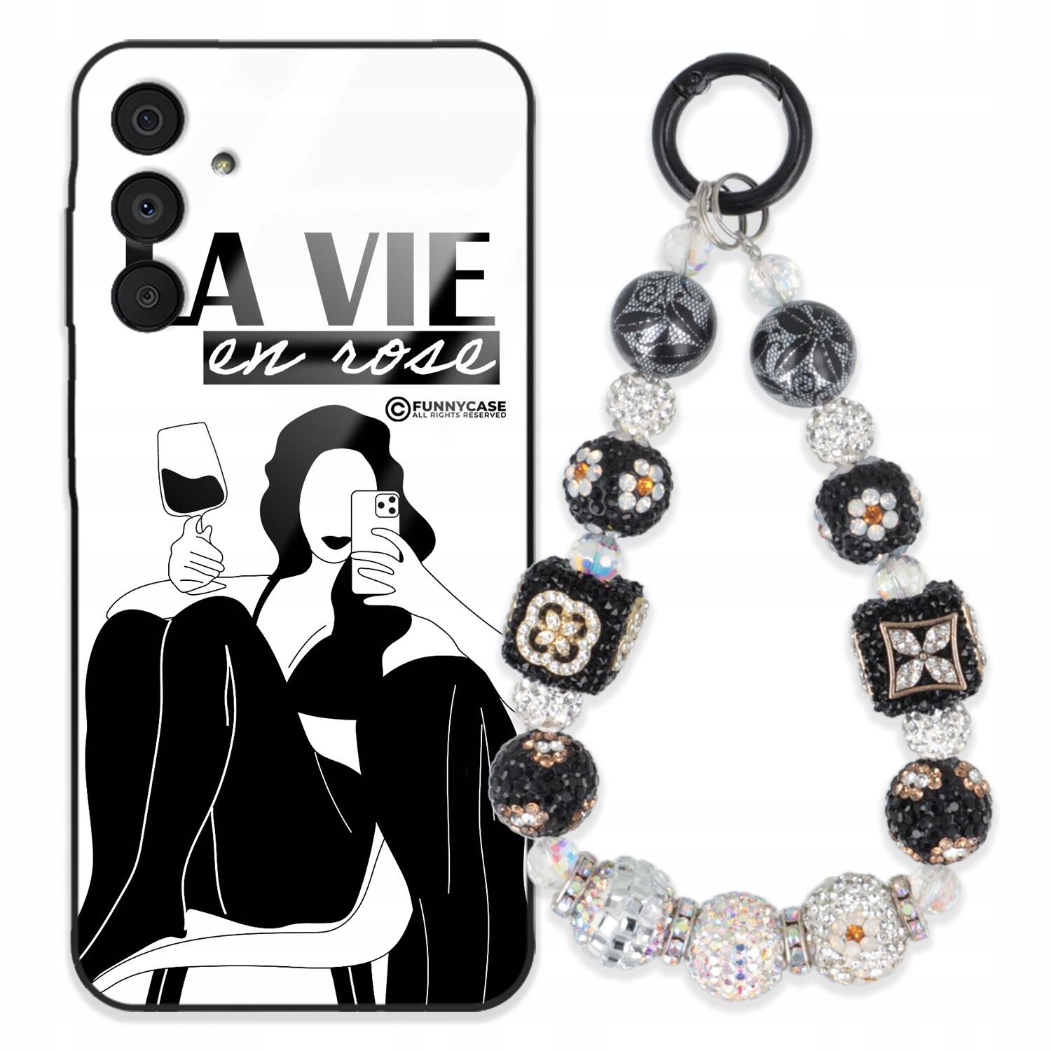 Pouzdro Pro Samsung A16 Skleněné, Černobílé Přívěsek Na Klíče Zirkony Wz