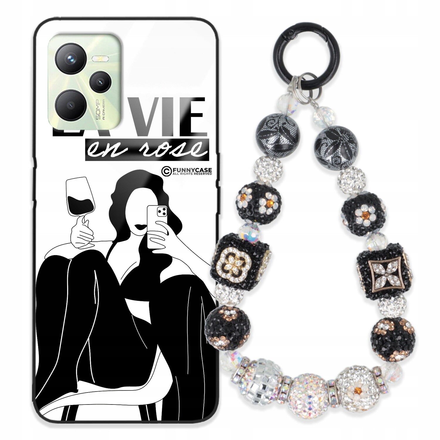 Pouzdro Pro Realme C35 Skleněné, Černobílé Přívěsek Na Klíče Zirkony Wz