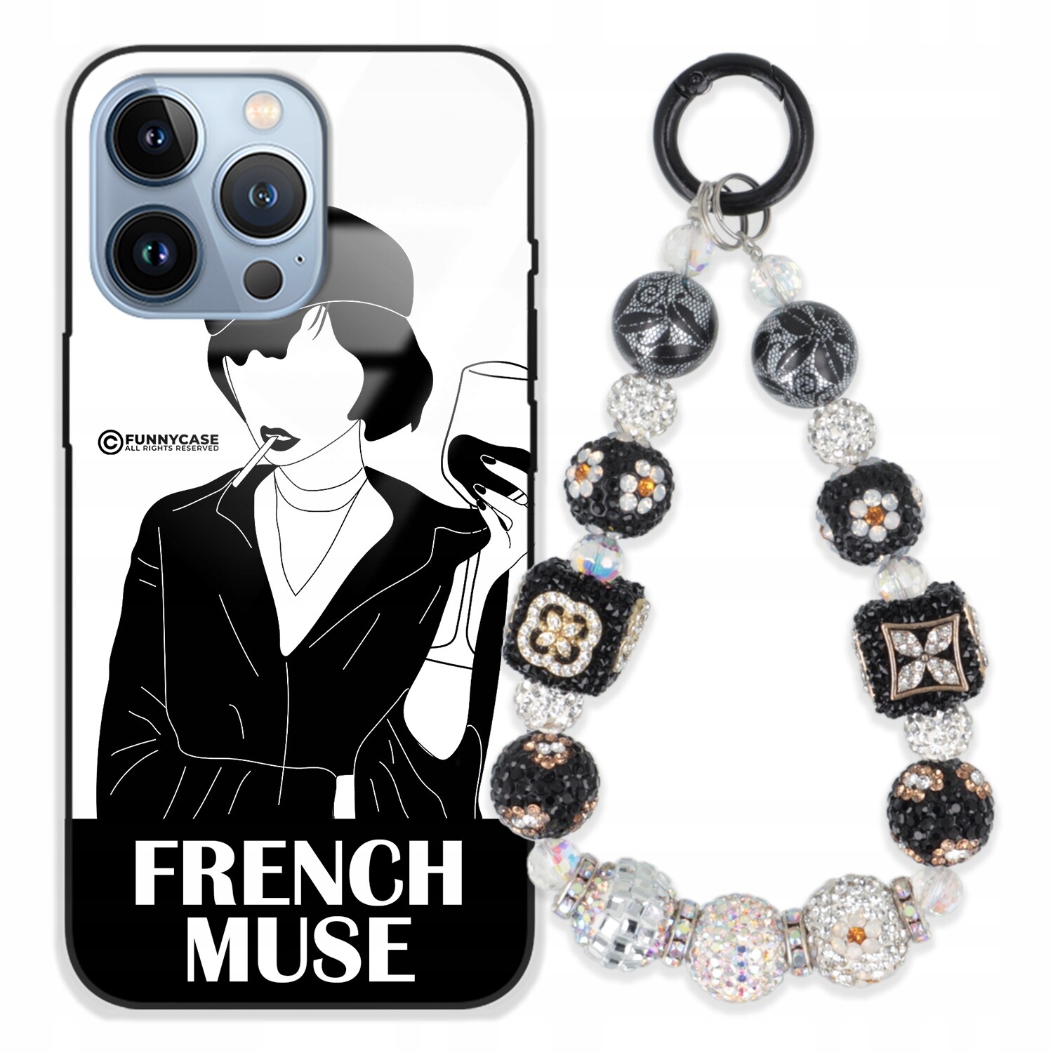 Dámský skleněný kryt na iPhone 13 Pro, černobílý, stříbrný, s Přívěsek Na Klíče Zirkony Pouzdro