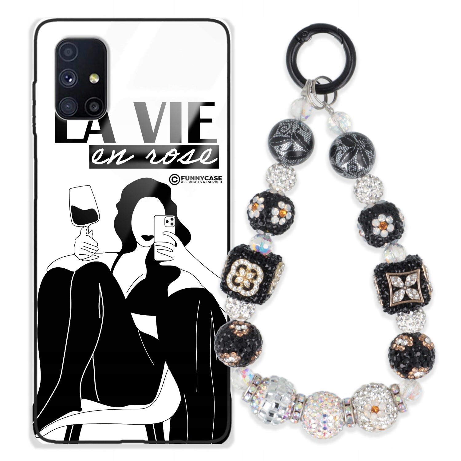 Pouzdro Pro Samsung M51 Skleněné Dámské Černobílé Přívěsek Na Klíče Zirkony Wz