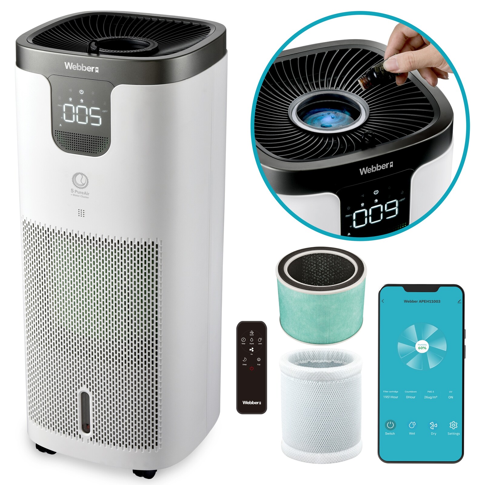 Čistička vzduchu Webber APEH11003 Wifi Hepa 12 Uv Ionizátor Zvlhčovač Vzduchu