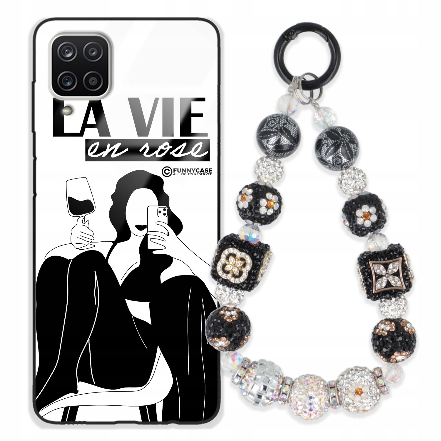 Pouzdro Pro Samsung A12 Skleněné, Černobílé Přívěsek Na Klíče Zirkony Wz