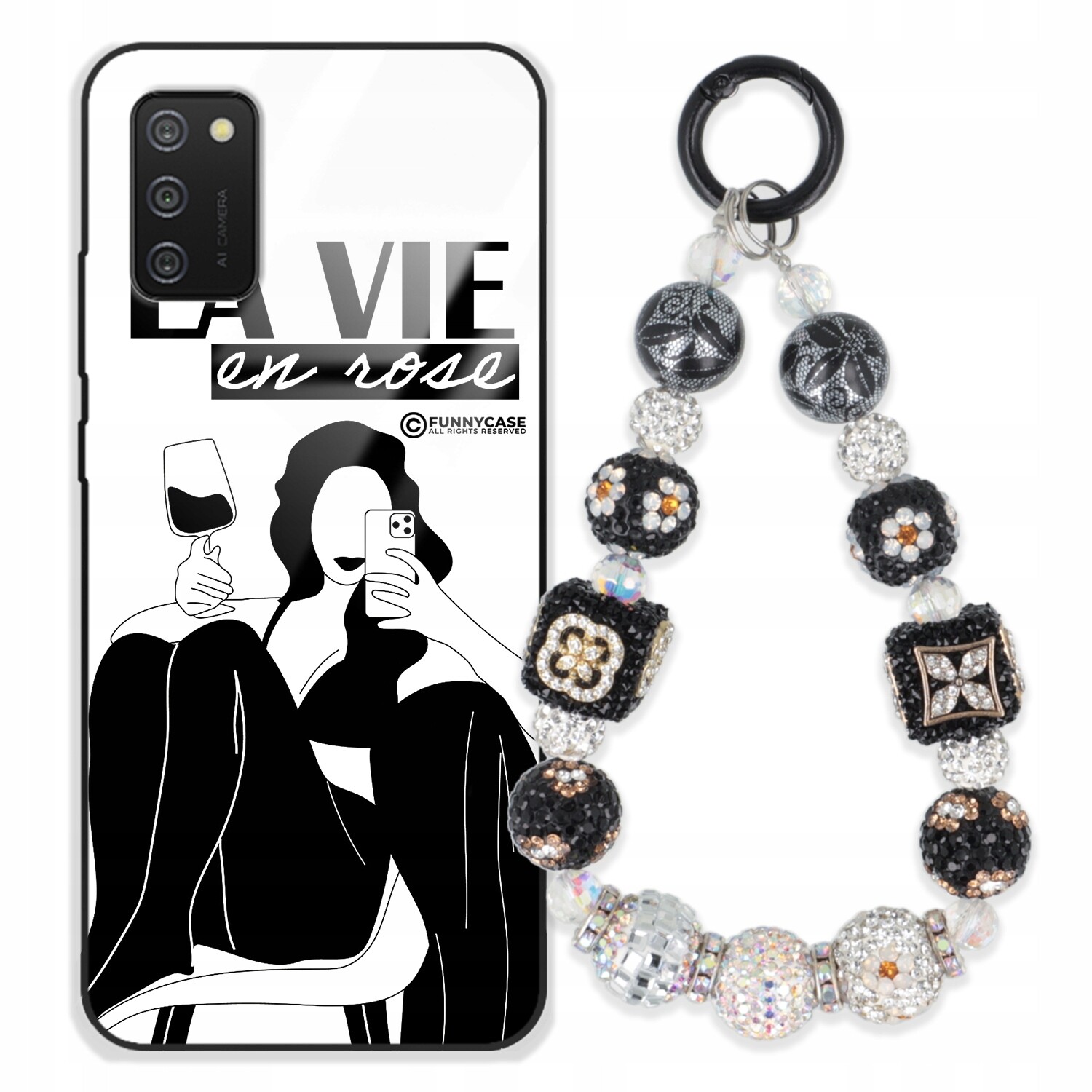 Pouzdro Pro Samsung A02S Skleněné, Zemiakové, Černobílé, Stříbrné, Zirkony Přívěsek Na Klíče , Wz