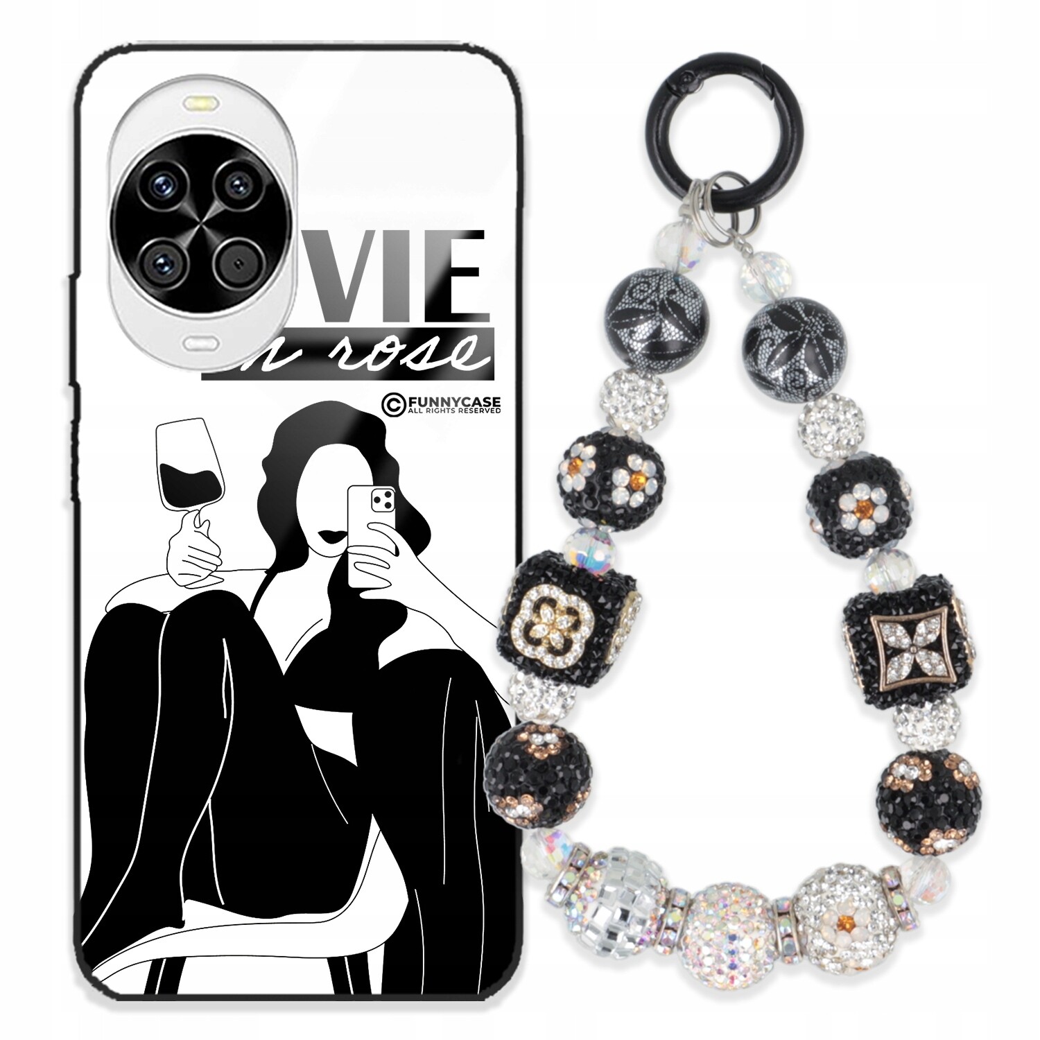 Pouzdro Pro Huawei Nova 14 5G Skleněné Umění Černobílý Přívěsek Na Klíče Zirkony Wz