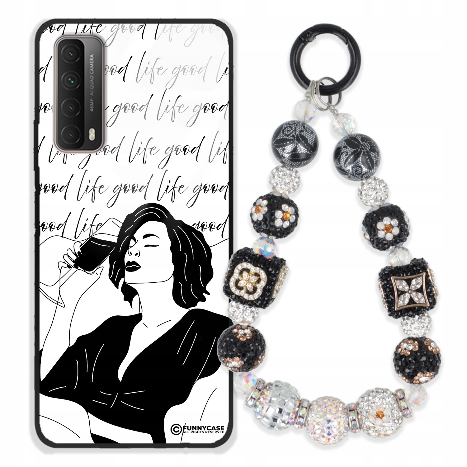 Pouzdro Pro Huawei Y7a Skleněné, Černobílé Přívěsek Na Klíče Zirkony Na Klíče S Kamenínky Wz