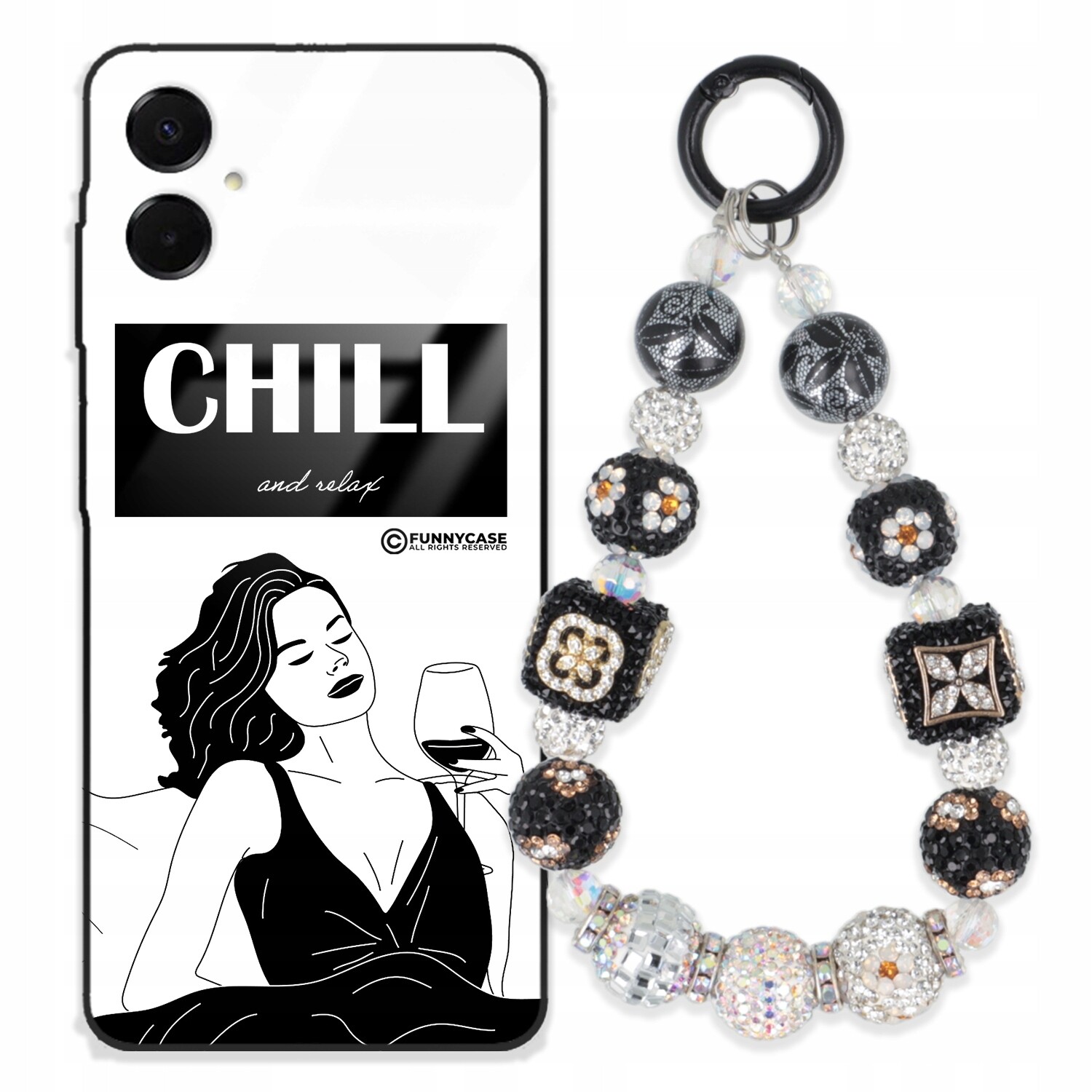 Pouzdro Pro Samsung A06 5G Skleněné, Dámské, Černobílé, Přívěsek Na Klíče Zirkony , Wz