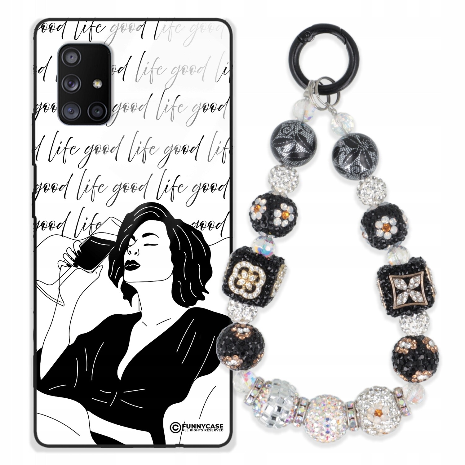 Pouzdro Pro Samsung A71 5G Sklené Dámské Černobílé Přívěsek Na Klíče Zirkony S Kamenínky Wz